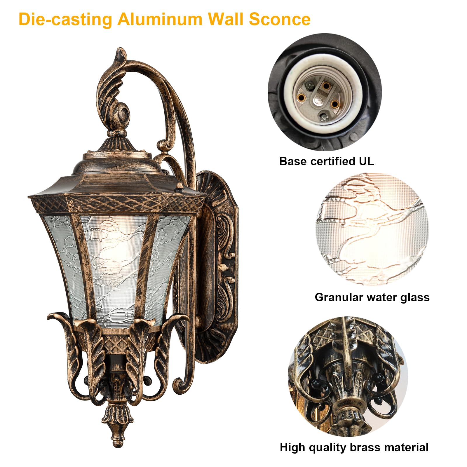 Black and Gold Sconces Wall Lighting, 20.87" H Exterior Wall Light Fixture, Waterproof Aluminium with Glass Outdoor Lanterns for Front Porch Patio Garage Hallway