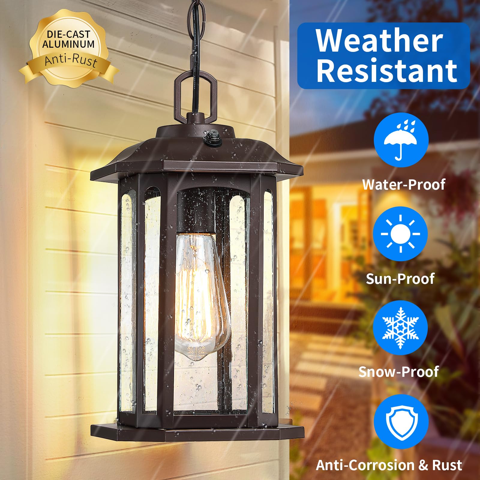 Outdoor Pendant Lights for Porch, Black Hanging Porch Light with Seeded Glass, Waterproof Outdoor Chandelier Farmhouse Outdoor Ceiling Light Fixture Lanterns, 1Pack