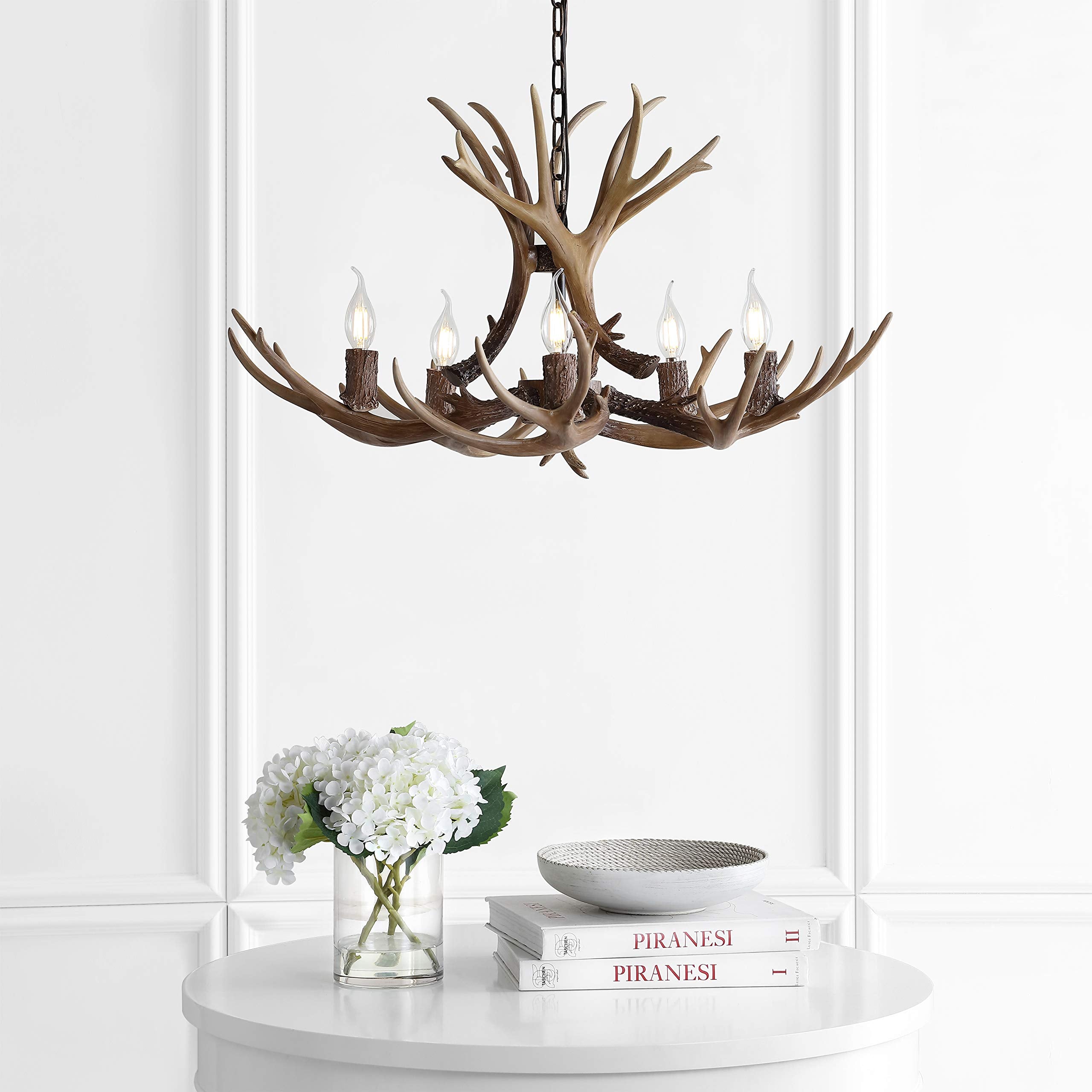 30" Adjustable Resin Antler 5-Light LED Chandelier, Glam, Rustic,Cottage,Transitional, Dimmable Dining Room, Living Room, Kitchen, Foyer, Bedroom, White