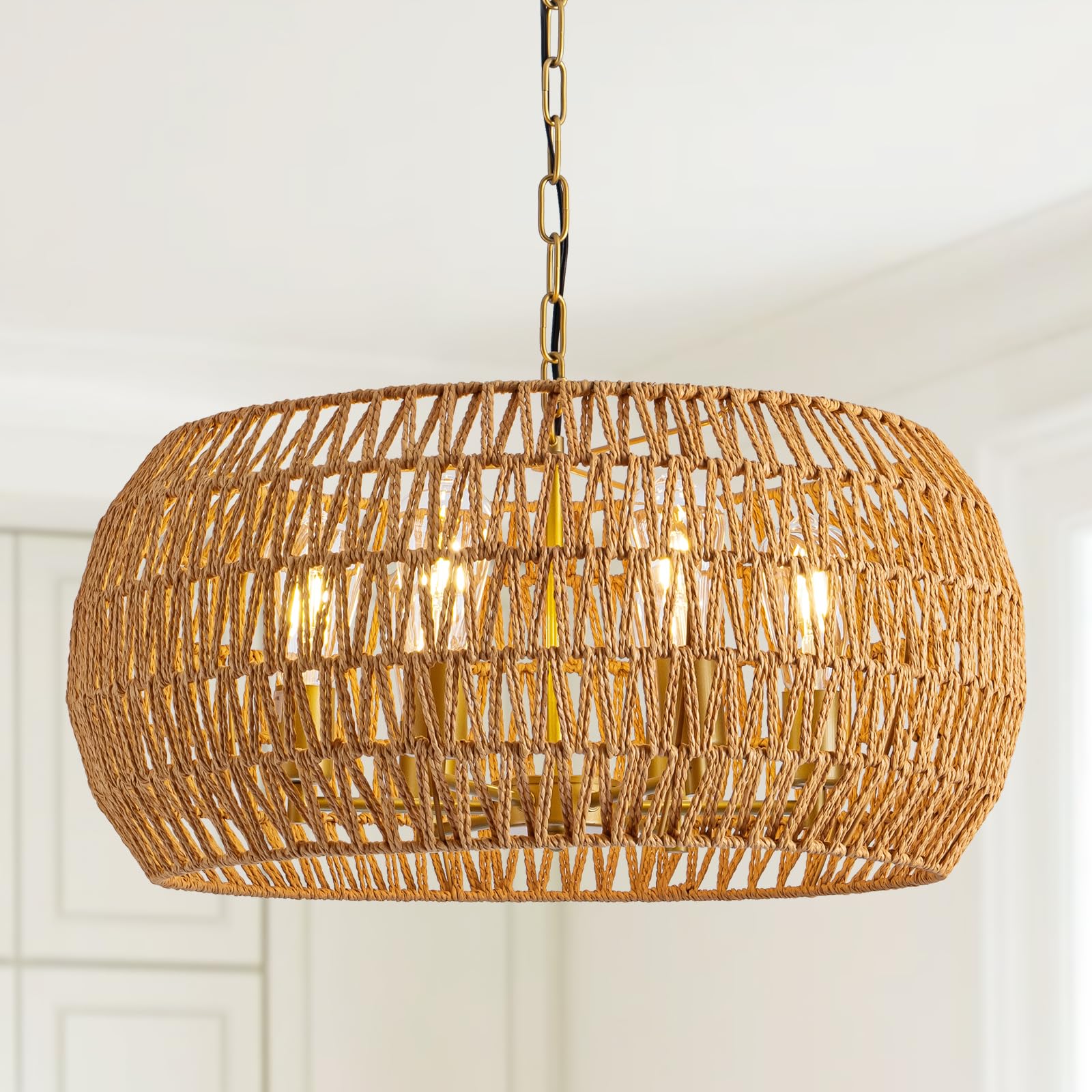 4-Light Rattan Semi Flush Mount Ceiling Light, 15" Boho Light Fixture with Hand-Woven Rattan Shade in Quatrefoil Shape, Farmhouse Boho Chandelier Wicker Light Fixture for Kitchen Bedroom Foyer