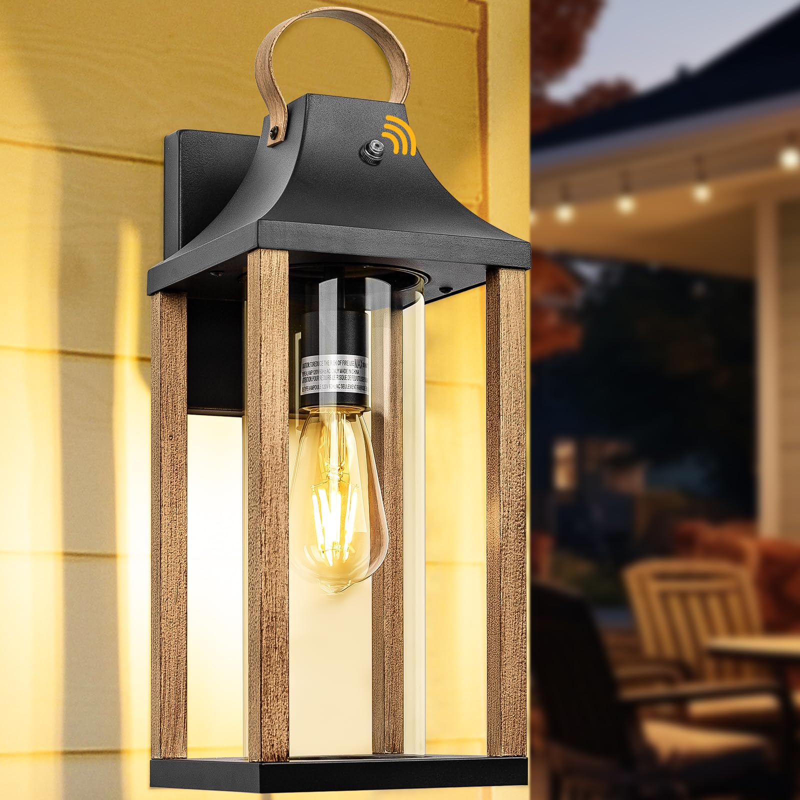 Large Outdoor Wall Light 17" H Light Fixture with Cylindrical Clear Glass Modern Wall Sconce for Patio Porch Courtyard, E26 Base IP65 Waterproof, Rustic Wood