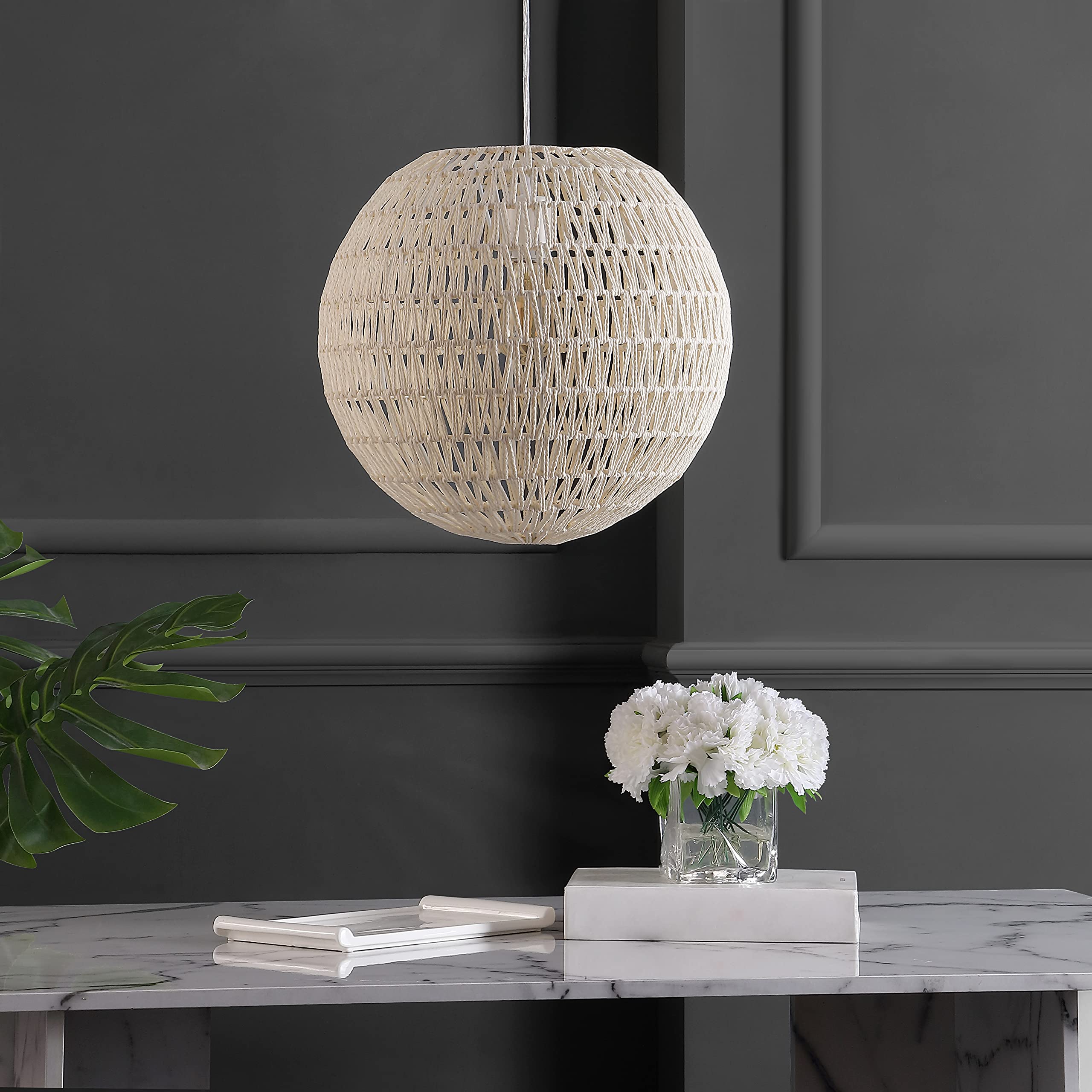 15.7" Woven Rattan Orb LED Pendant Minimalist Modern Contemporary Transitional Bohemian Modern Dimmable Adjustable Dining Room Living Room Kitchen Foyer Bedroom Hallway, White