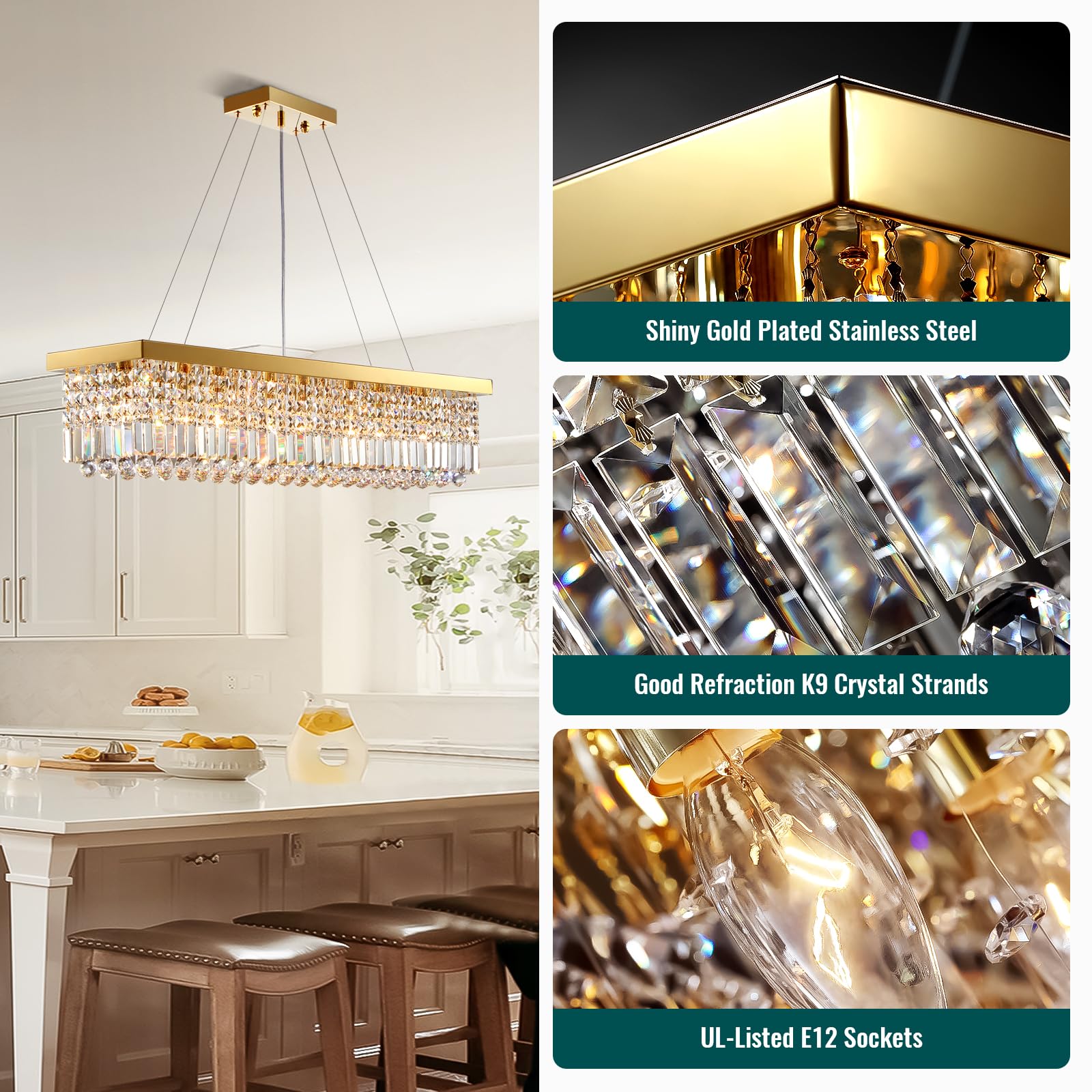 6-Light Modern Crystal Chandelier Rectangular Gold K9 Crystal Raindrop Chandelier for Dining Room, Luxury Adjustable Ceiling Pendant Light for Living Room Kitchen Island L31.5'' x W10'' x H10''