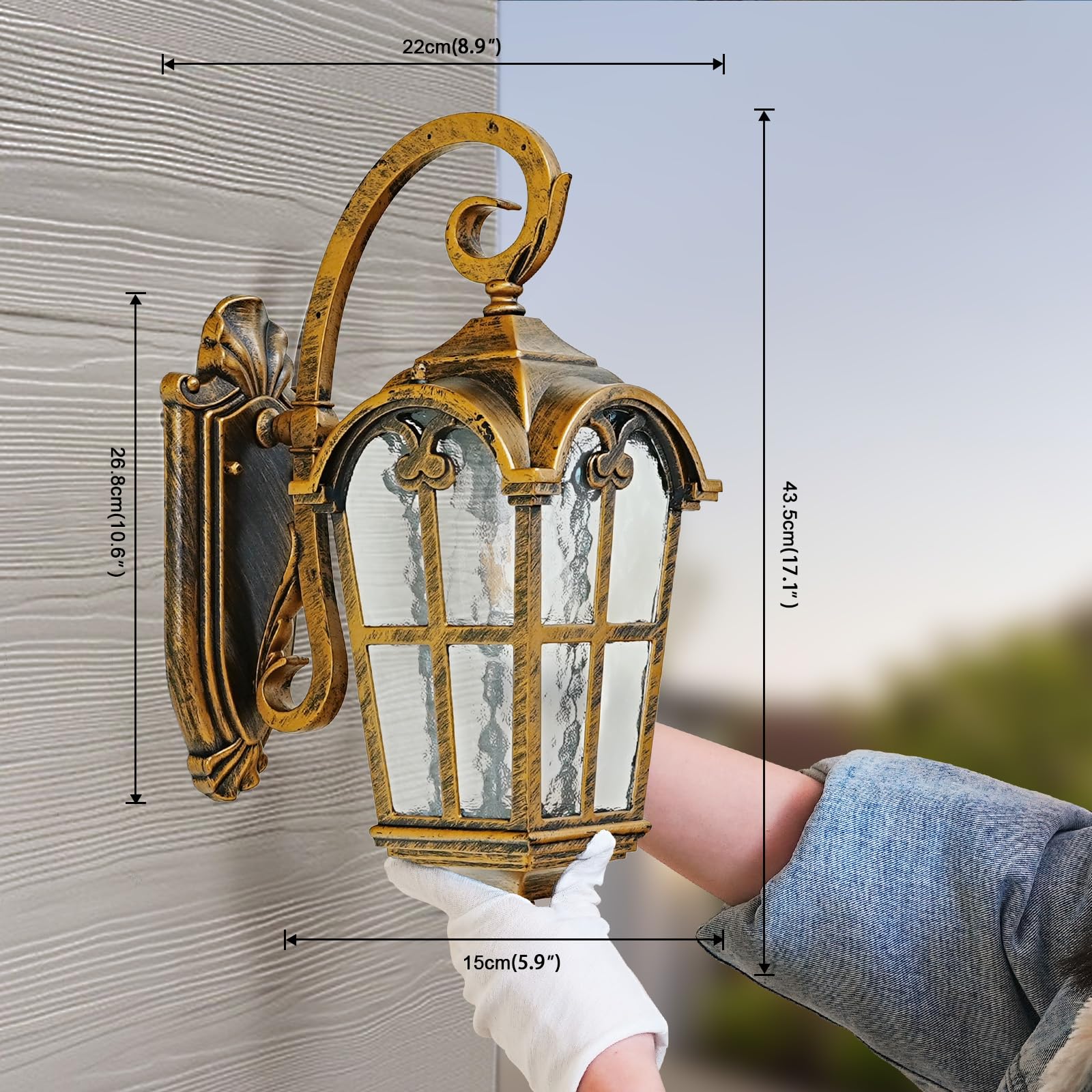 Gold Outdoor Wall Light for House Porch Hallway Doorway Patio Garden, Anti-Rust Aluminum Exterior Wall Sconce Light Fixtures Wall Mount Waterproof Wall Lantern with Water Ripple Glass