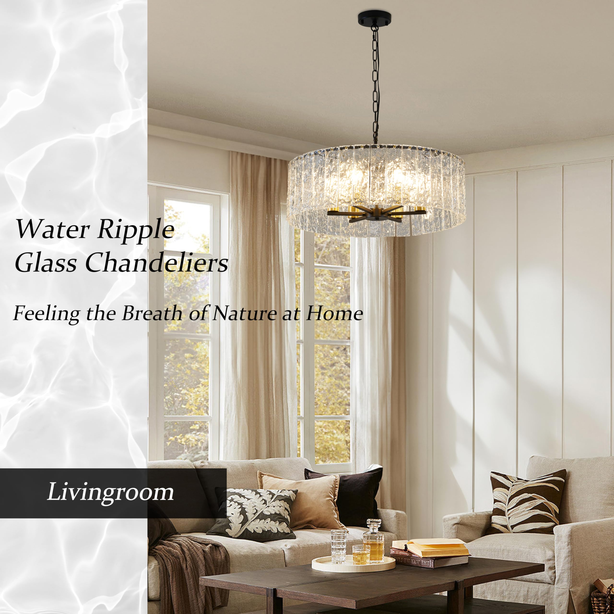 23.8” Modern Crystal Chandeliers for Dining Room 6-Light, Luxury Water Ripple Glass Chandelier Over Table, Black Round Light Fixture Farmhouse for Dining Room Foyer Living Room Bedroom