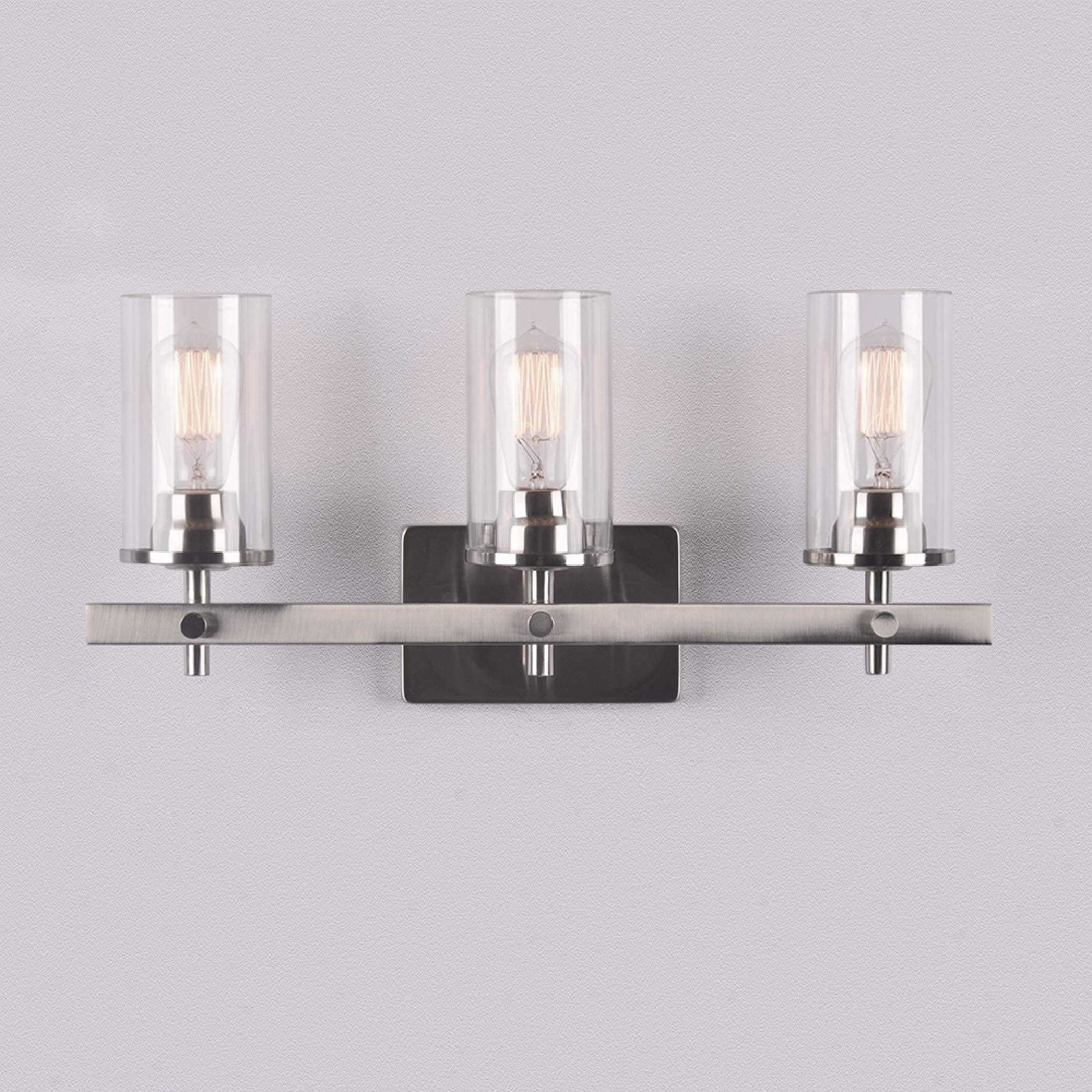 Farmhouse 3-Light Vanity Light Industrial Wall Sconce Lighting with Seeded Glass Shade in Brushed Finish for Bathroom, Hallway, Kitchen, Mirror, Laundry Room