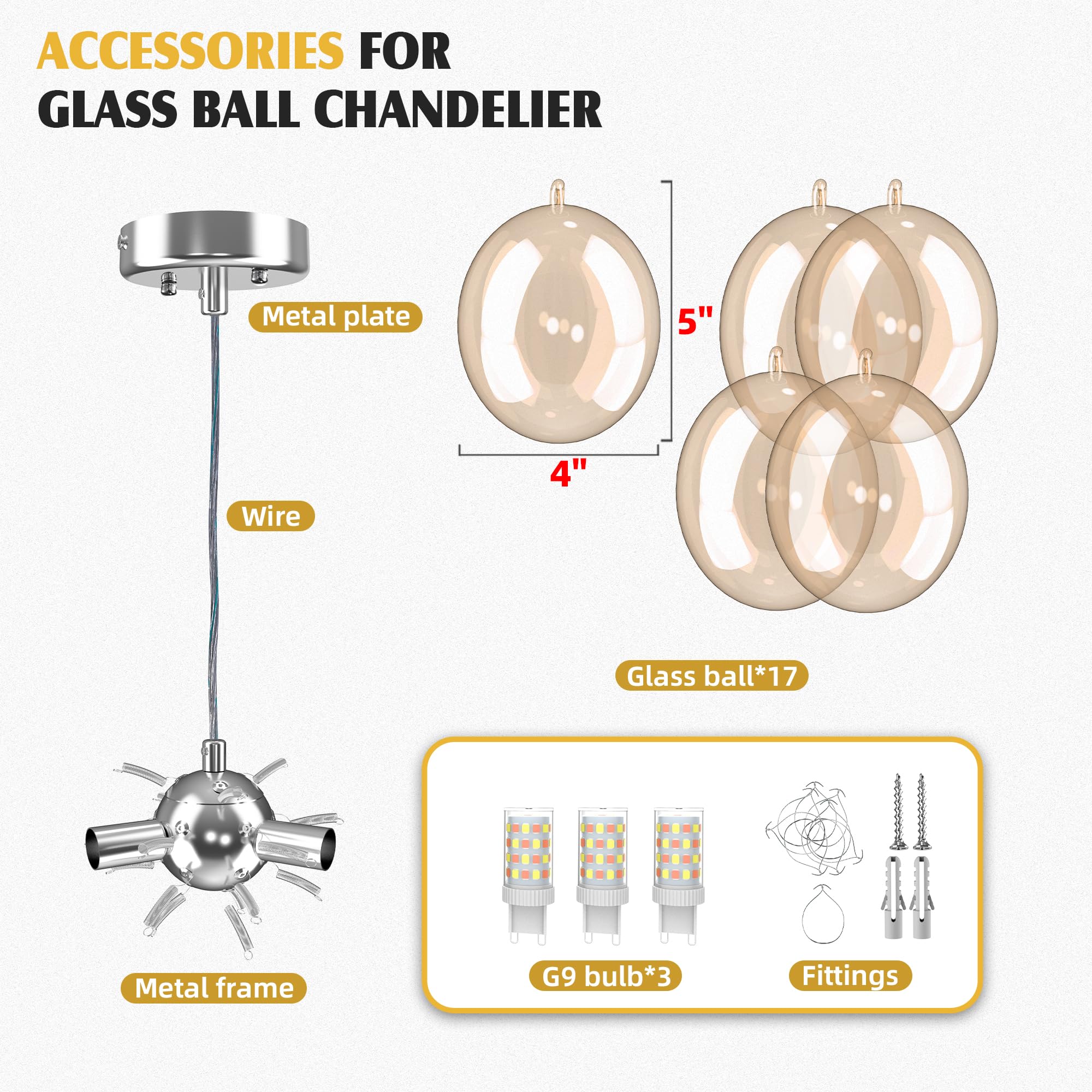 Semi Flush Mount Ceiling Bubble Ball Chandelier Lighting Dia 20 Inch Gold Clear Ribbed Blown Glass Chandeliers Ceiling Medallions Light Fixtures for Bedroom, Living Room, Entry, Bathroom