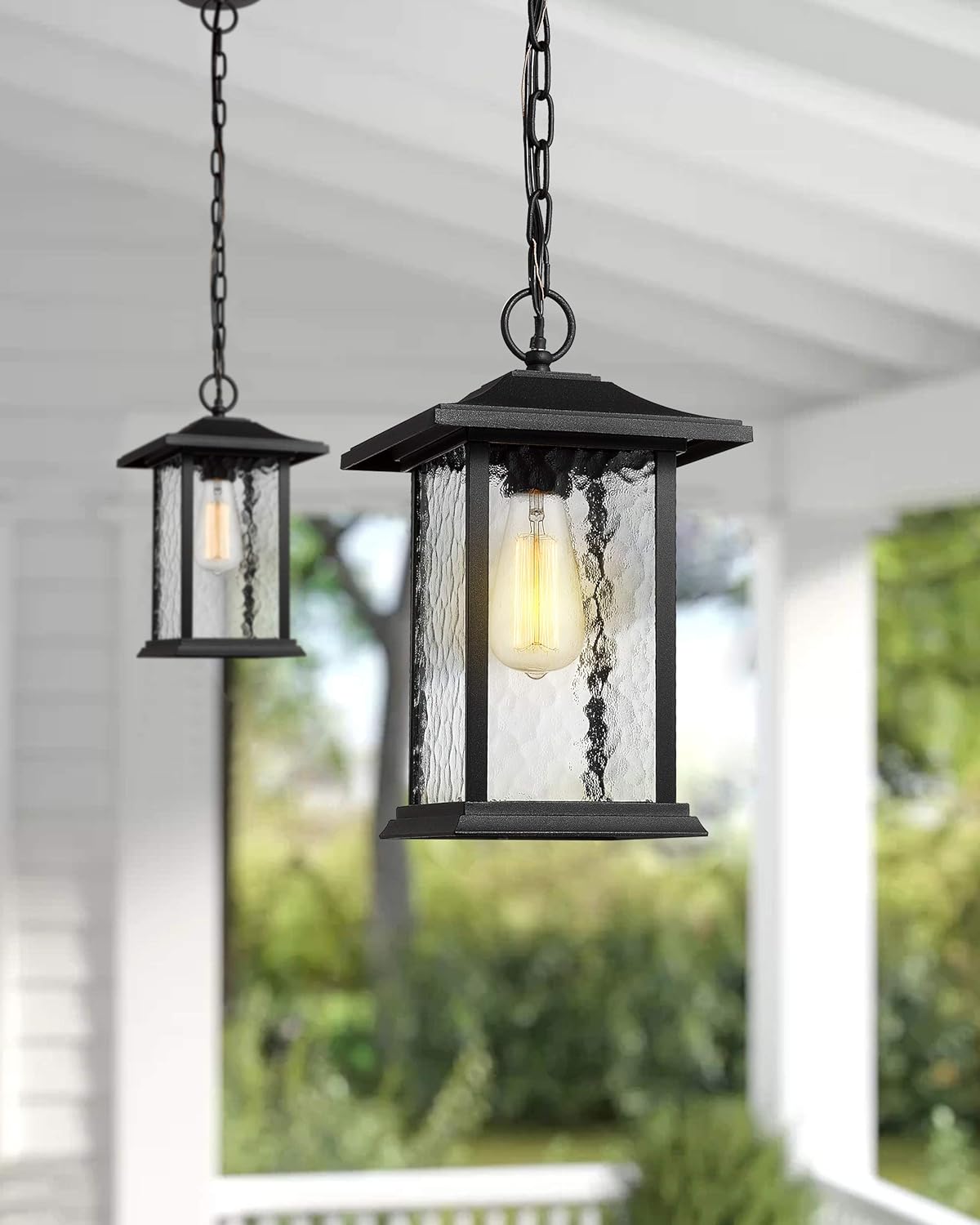 Outdoor Pendant Lights for Porch, 14"H Large Exterior Hanging Lantern Chandelier, Black Cast Aluminum w/Water Glass - A272H-1PK