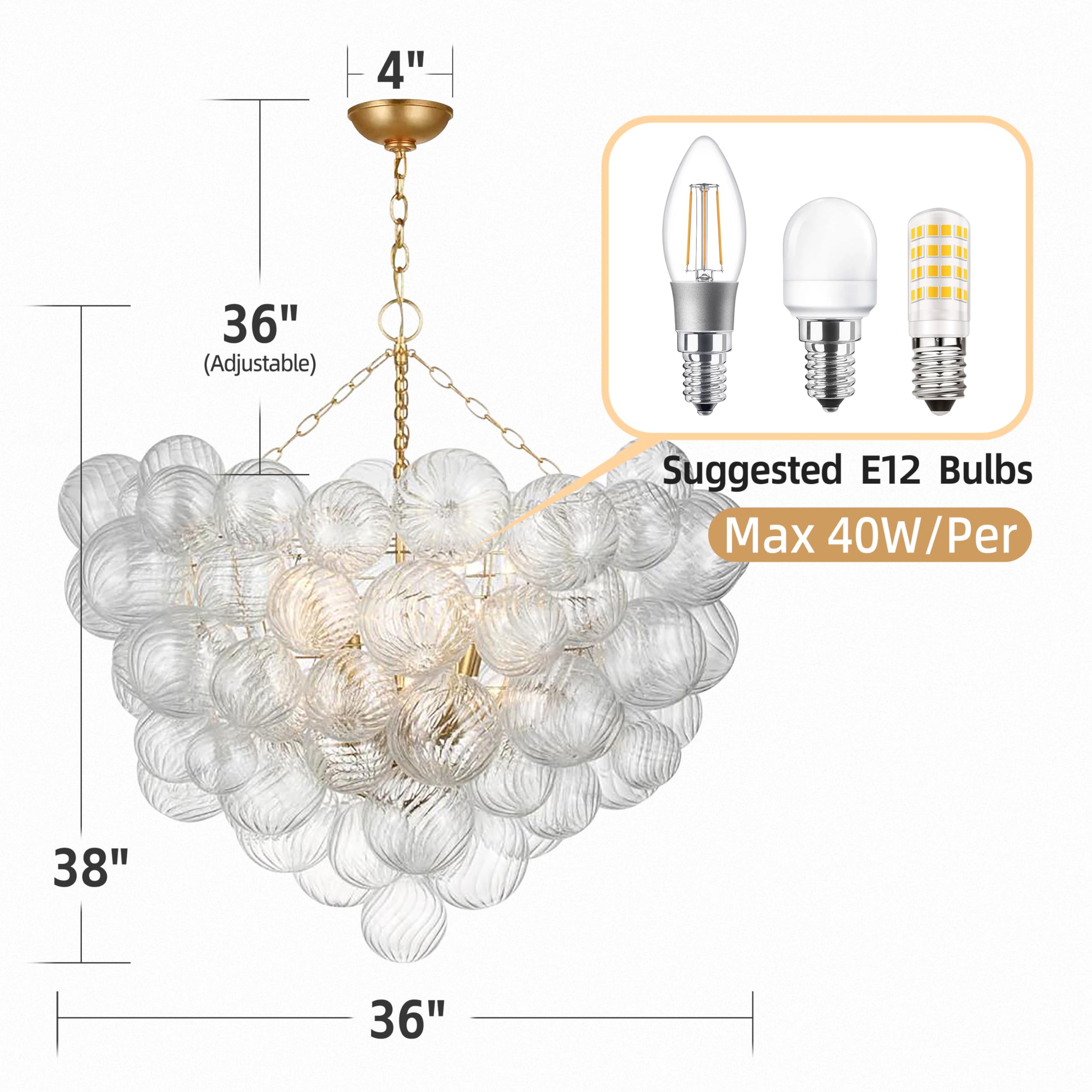 Semi Flush Mount Ceiling Bubble Ball Chandelier Lighting Dia 20 Inch Gold Clear Ribbed Blown Glass Chandeliers Ceiling Medallions Light Fixtures for Bedroom, Living Room, Entry, Bathroom