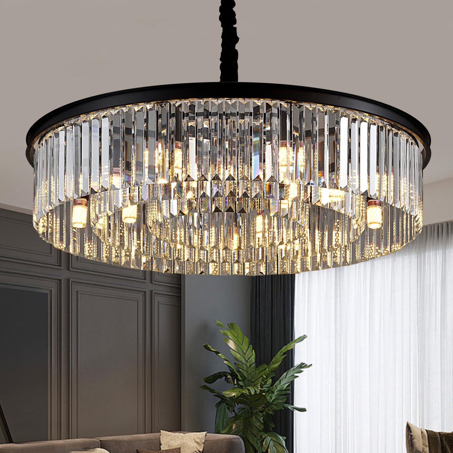 23" 8-Light Modern Crystal Chandelier Light Fixtures 2 Rings Gold Luxury Chandeliers for Dining Room Round Hanging Pendant Lighting for Living Room Kitchen Entryway Bedroom