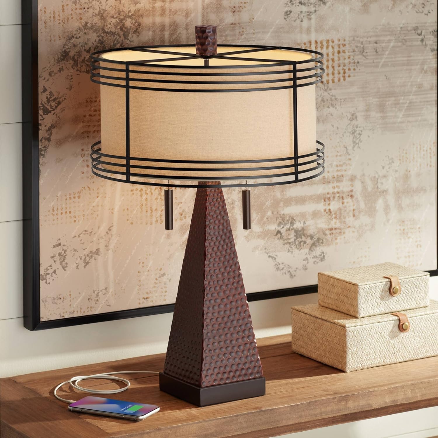 Industrial Table Lamp with USB Charging Port Rustic 26" High Hammered Bronze Brown Metal Double Drum Shade for Living Room Bedroom House Bedside Nightstand Home Office