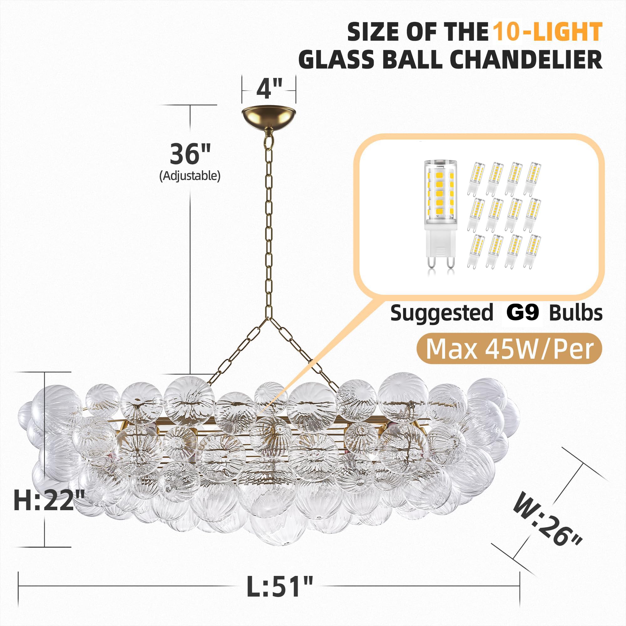 Semi Flush Mount Ceiling Bubble Ball Chandelier Lighting Dia 20 Inch Gold Clear Ribbed Blown Glass Chandeliers Ceiling Medallions Light Fixtures for Bedroom, Living Room, Entry, Bathroom