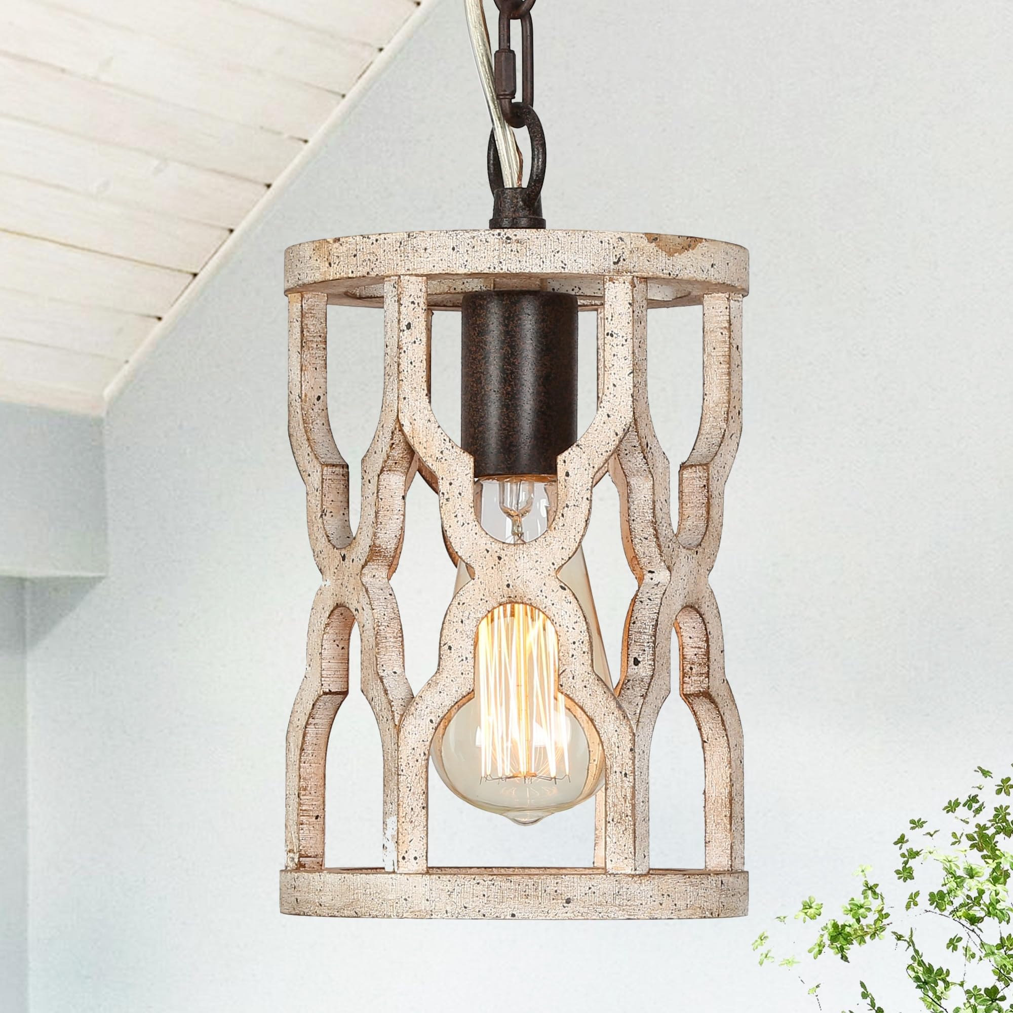 Farmhouse Pendant Light, Wood Rustic Cage Lantern Hanging Light Fixture for Kitchen Island, Foyer, Hallway, Bedroom and Entryway