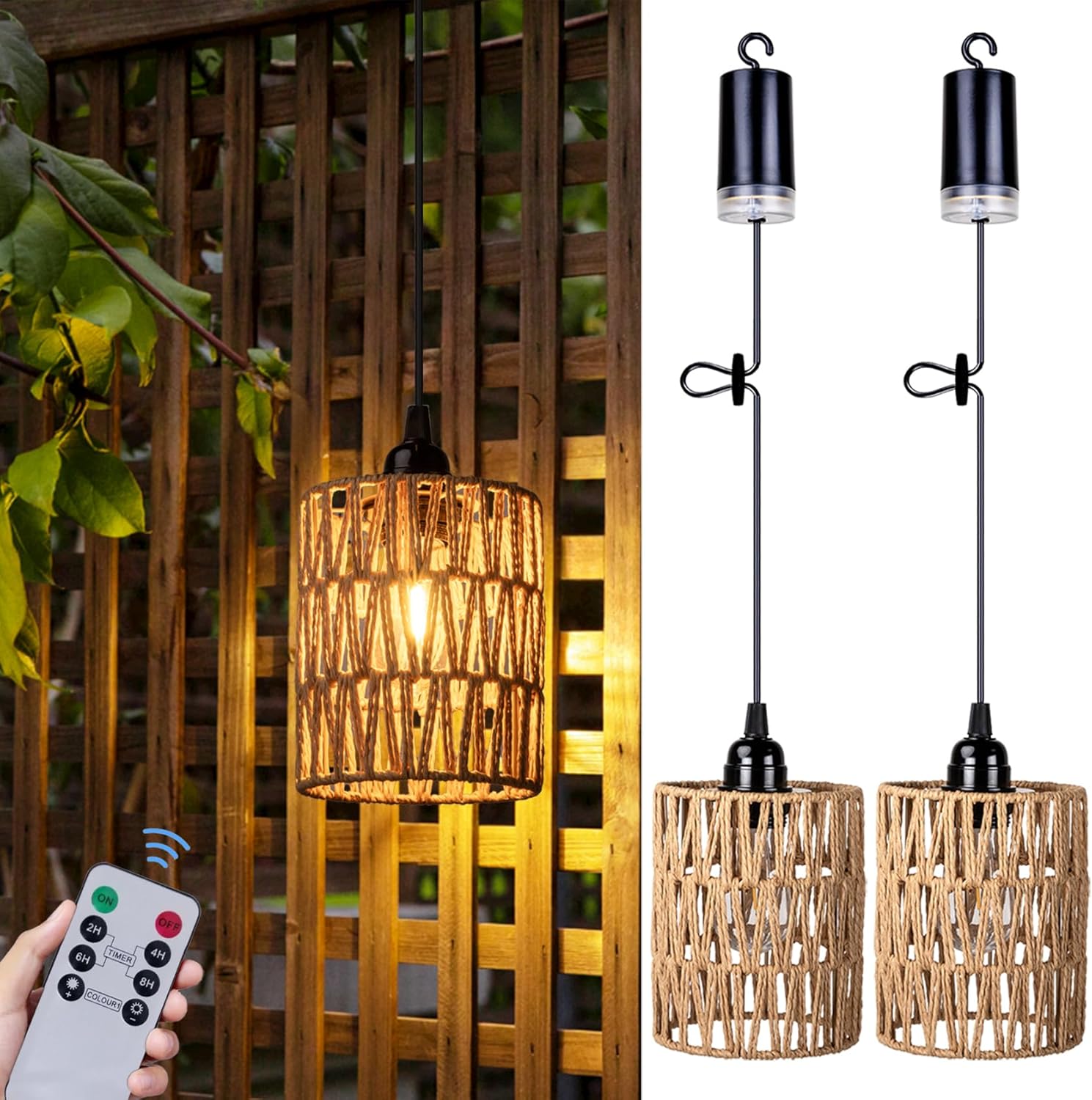 Battery Operated Chandelier, Battery Hanging Pendant Light, Rattan Lights with Warm White Bulb, 4*AA Battery Powered, for Gazebo Pergola Porch Patio Outdoor Indoor Decor