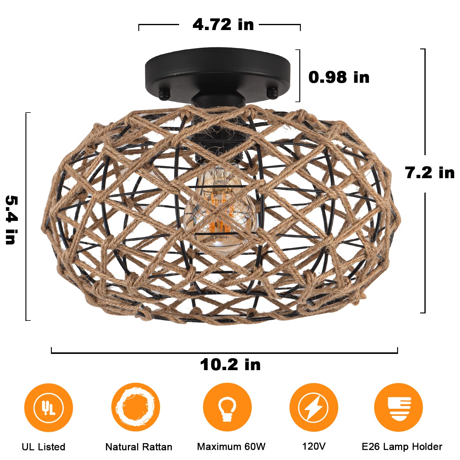 Woven Rattan Chandelier, 12.6 Inch Hemp Rope Boho Chandelier Rustic Farmhouse Chandelier Light, Rattan Pendant Light Fixture for Dining Room Living Room Bedroom Kitchen Foyer, White