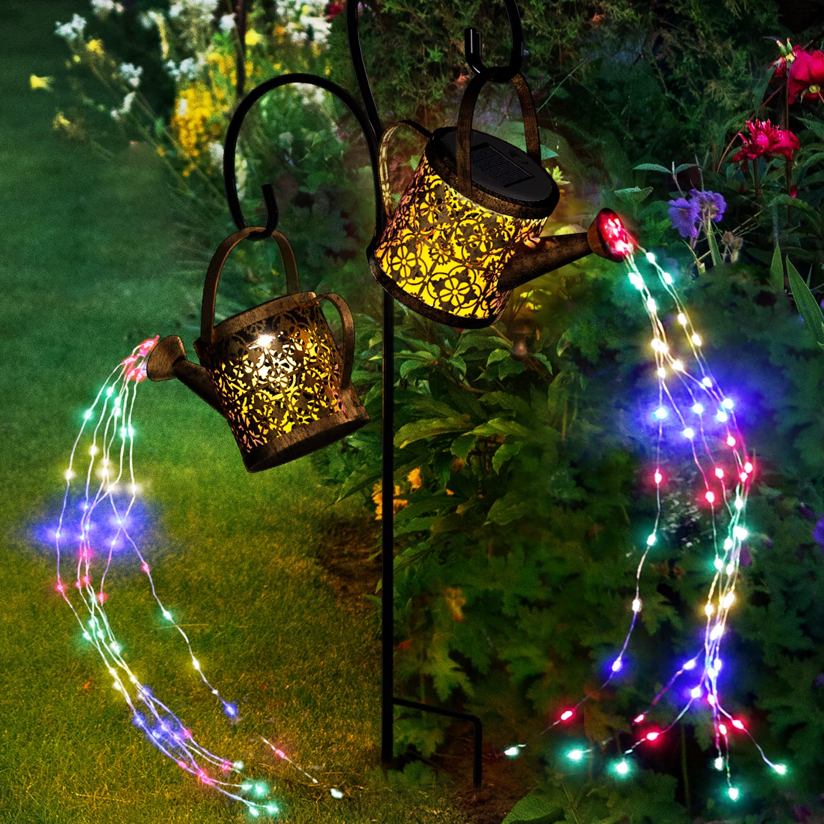 Solar Watering Can Lights Outdoor with 8 Multi-Color Changing Modes, IP65 Waterproof Landscape Light Garden Decor, One Pole Two Lights Outside Decorations for Lawn, Backyard, Patio, Chrismas