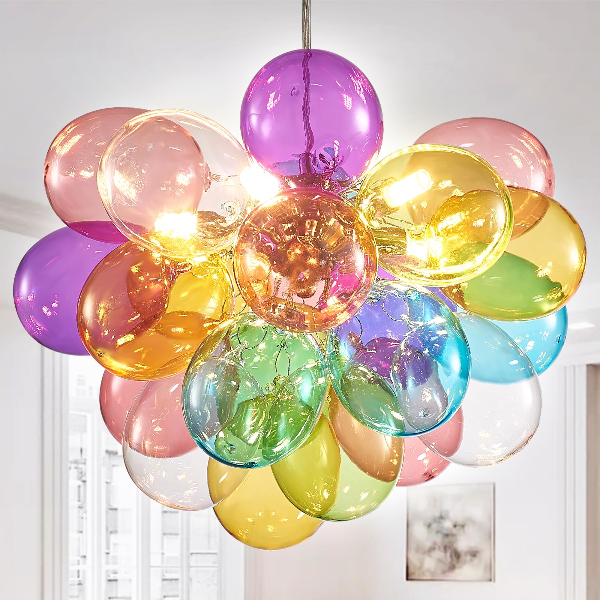 Semi Flush Mount Ceiling Bubble Ball Chandelier Lighting Dia 20 Inch Gold Clear Ribbed Blown Glass Chandeliers Ceiling Medallions Light Fixtures for Bedroom, Living Room, Entry, Bathroom