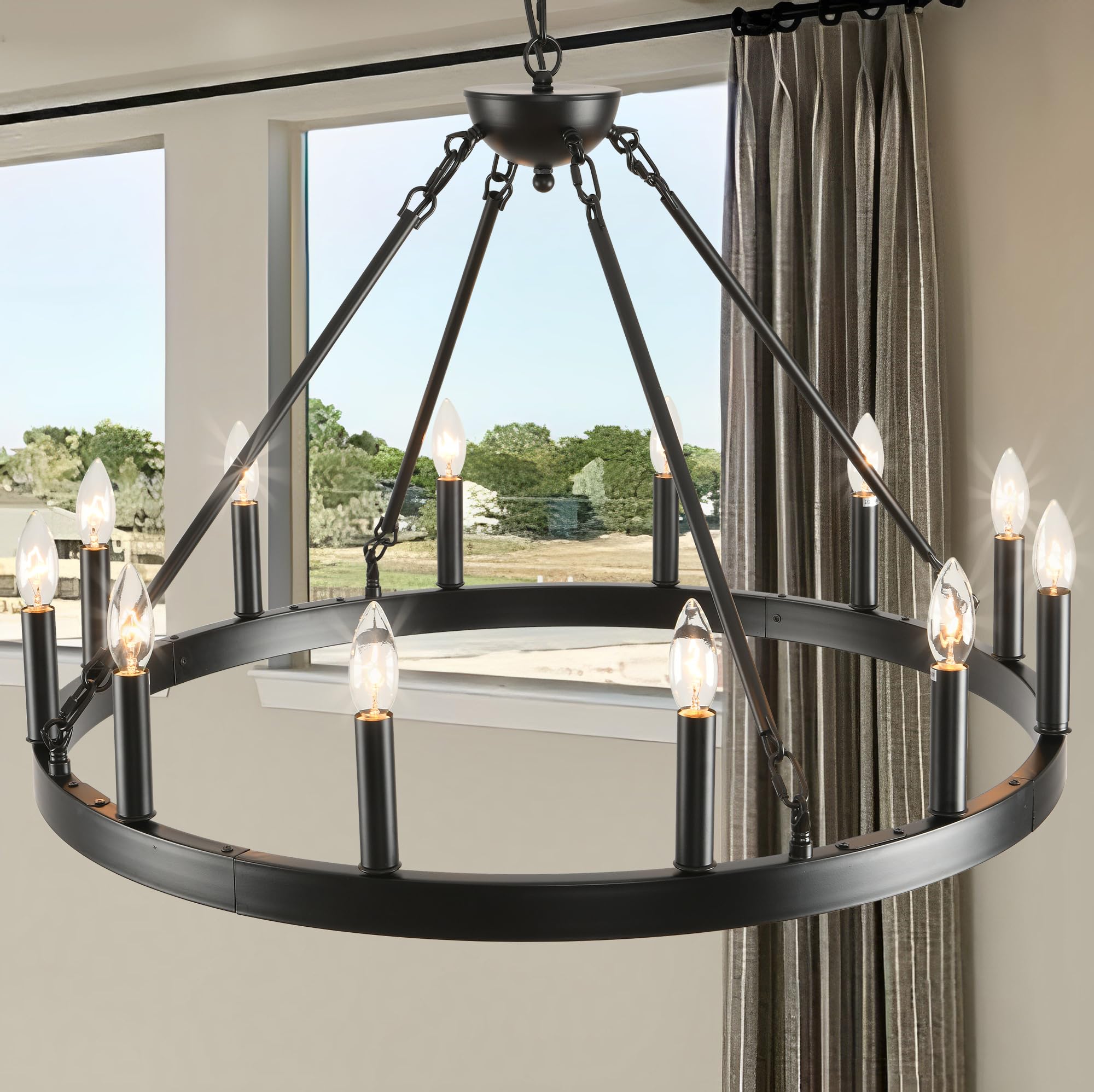 Black Wagon Wheel Chandelier 40 inch,20-Light Farmhouse Wagon Wheel Chandeliers Round Industrial Ceiling Light fixtures for Outdoor Porch high Ceilings Living Dining Room Foyer Entryway