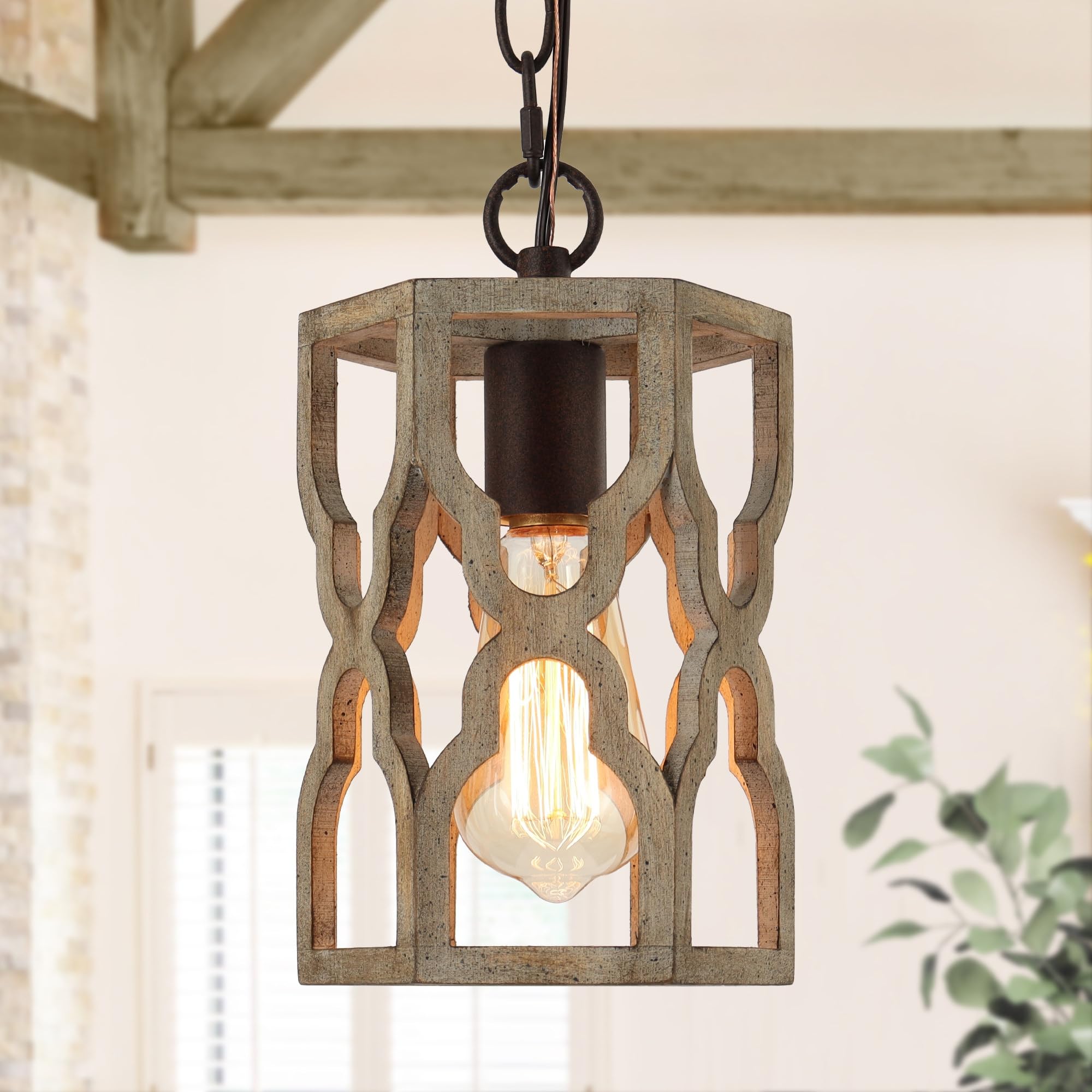 Farmhouse Pendant Light, Wood Rustic Cage Lantern Hanging Light Fixture for Kitchen Island, Foyer, Hallway, Bedroom and Entryway