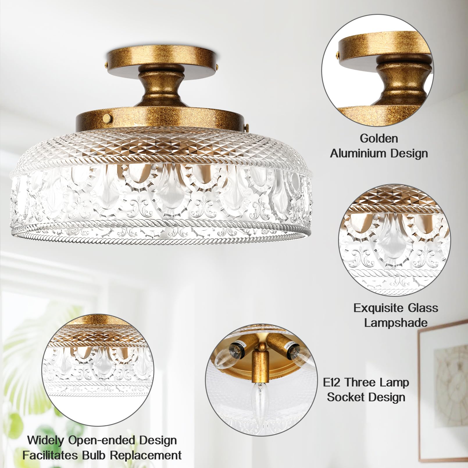 Semi Flush Mount Ceiling Light, Upgraded Larger Golden Hallway Light Fixture, 3-Bulb Globe Glass Close to Ceiling Light,Indoor Hanging Light for Bedroom Kitchen Porch Hallway,Bulbs Not Included