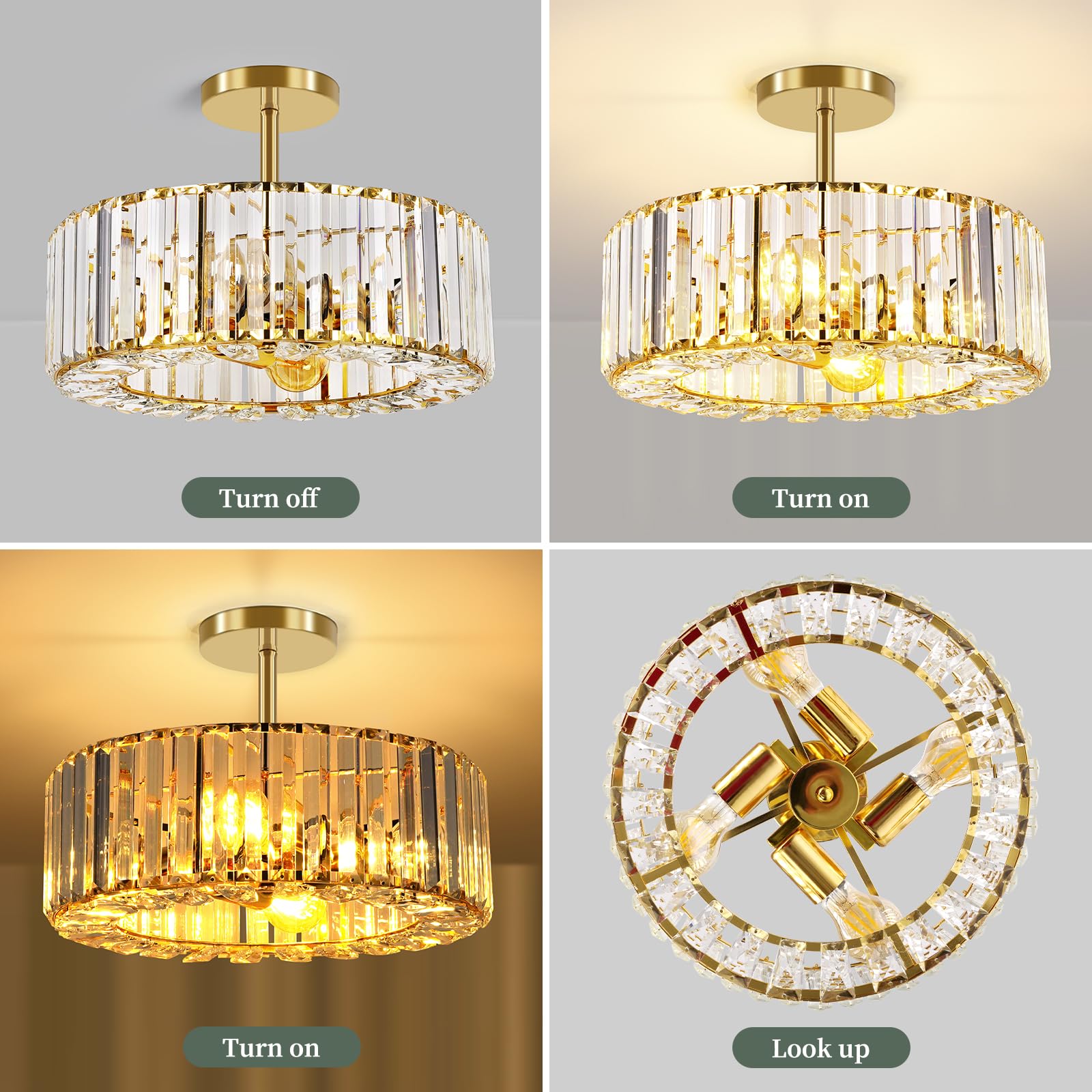 Semi Flush Mount Ceiling Light - Crystal Chandelier Modern Ceiling Light Fixture Hallway Light Fixtures Ceiling Gold Flush Mount Ceiling Light for Porch Kitchen Bedroom Living Room Entryway