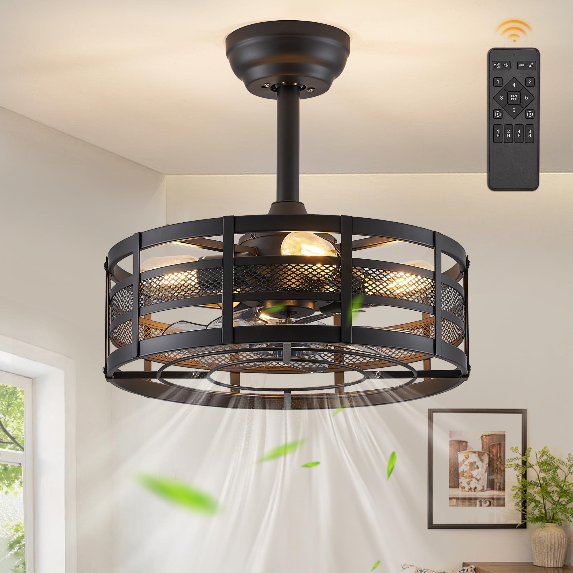 16in Caged Ceiling Fans with Lights and Remote, Bladeless Fandelier Ceiling Fan with 6 Speeds and Timing, Farmhouse Samll Fan Lights Ceiling Fixtures for Kitchen, Bedroom, Outdoor-Black X