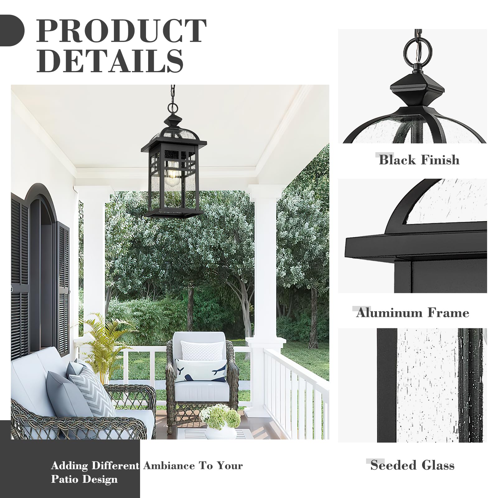 20 Inch Outdoor Pendant Light for Porch, Outdoor Chandelier for Porch, Die-Cast Aluminum with Seeded Glass, Black Finish, DE281H-M BK