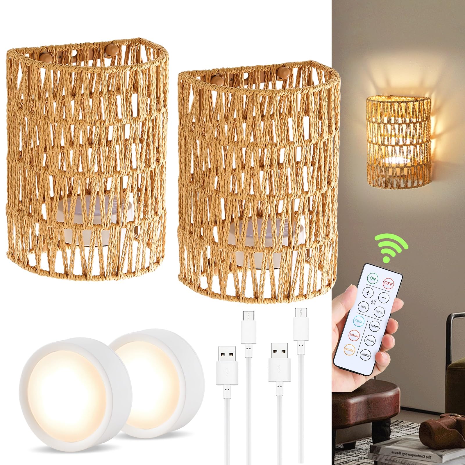 Battery Operated Wall Sconce, Rattan Wall Sconces Battery Operated Set of 2, Boho Battery Wall Sconce with Remote Control, Wireless Wall Sconce for Bedroom, Living Room, Entryway