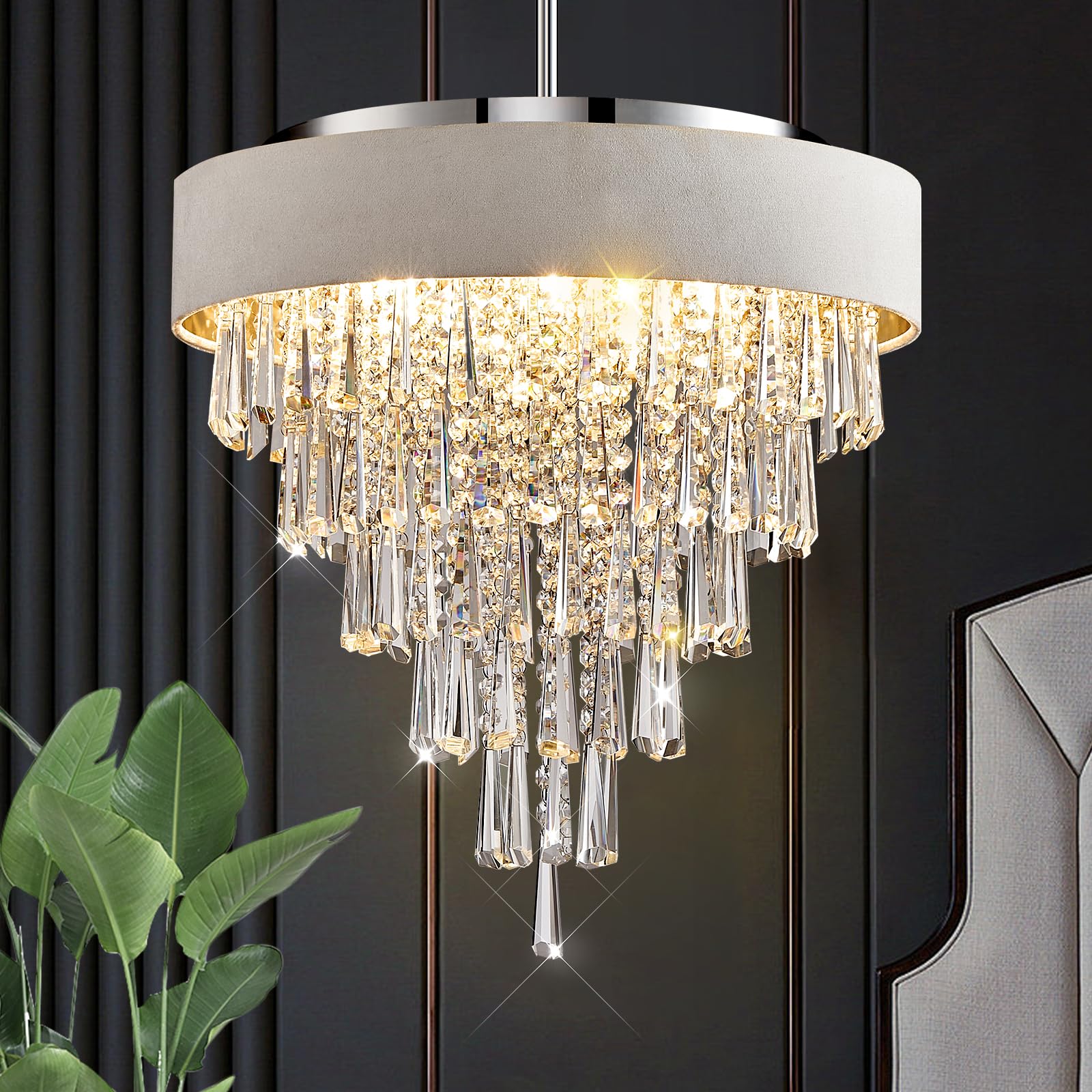 Chandelier,Drum 18” Round Ceiling Pendant Light Velvet Fabric Shade with Gold 4 Lights Fixtures Modern Semi Flush Mount Hanging Chandelier for Bedroom Foyer Hallway Dining Room