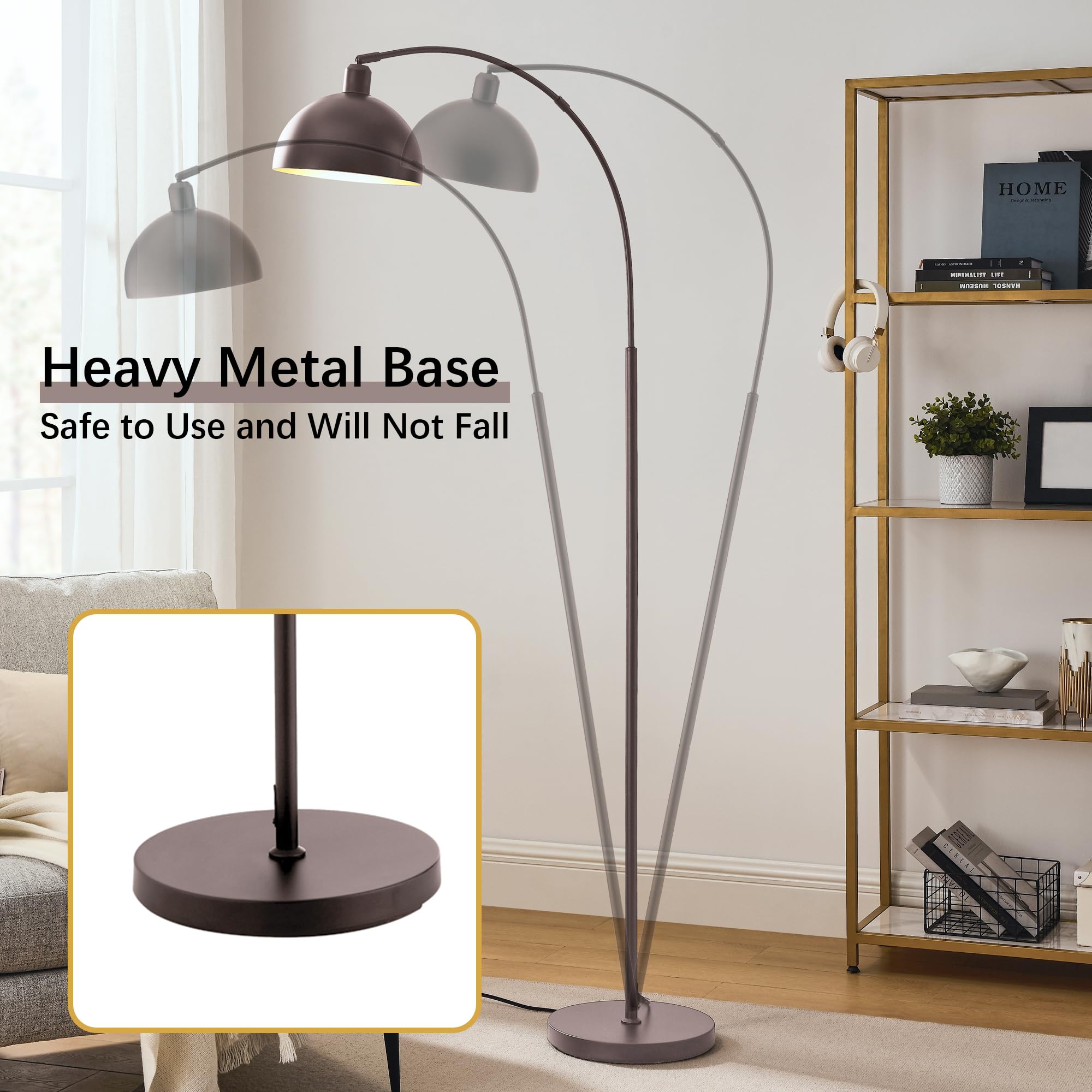 Curved Floor Lamp with Remote Control and Adjustable Hanging Drum Lampshade with Foot Switch, Suitable for Black Desk Lamp, Reading Lamp Next to Sofa, and Living Room (Coffee Gold)