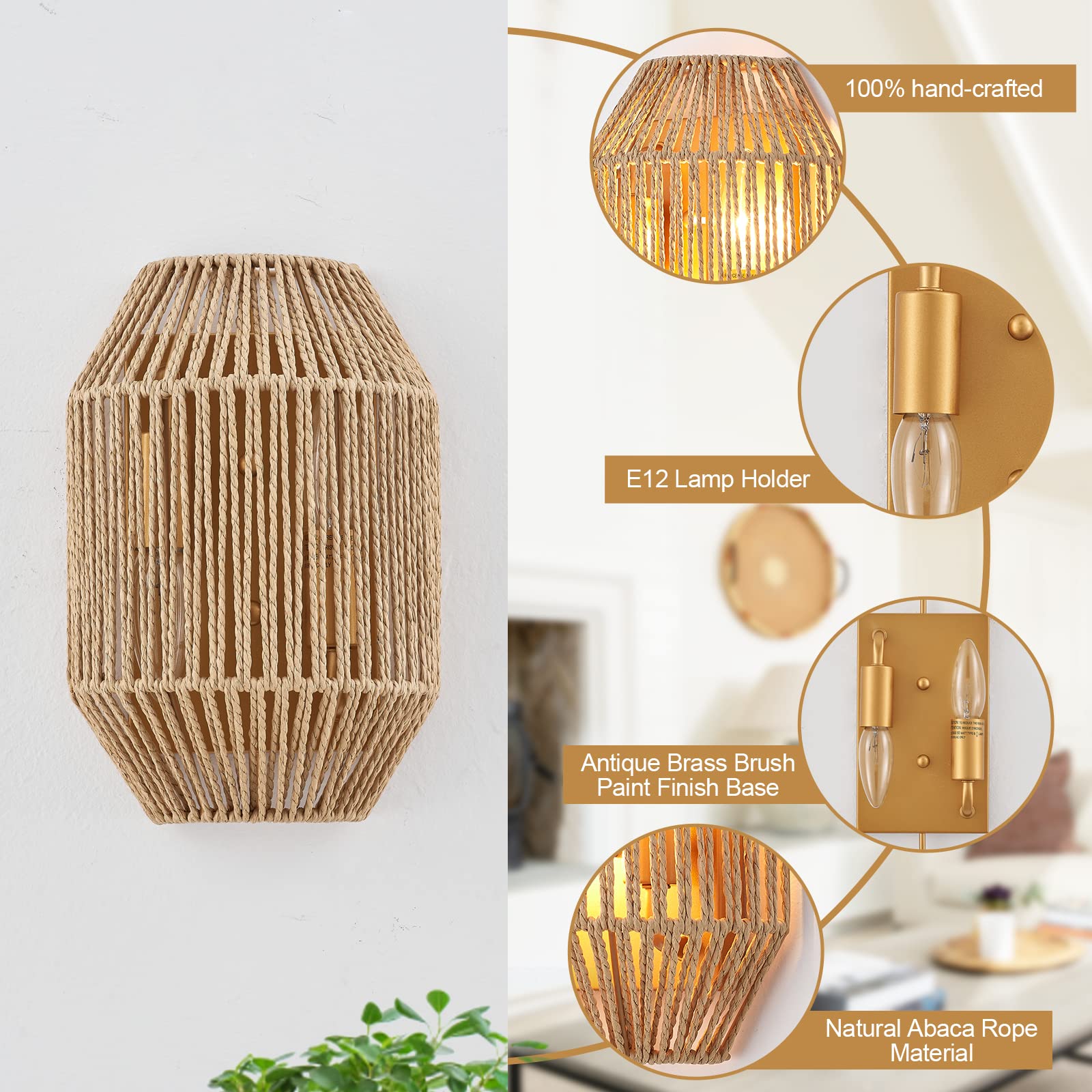 Natural Rattan Wall Sconce Set of 2, with Boho Woven Wicker Shade Antique Brass Brush Paint Finish for Vanity Stairway Fireplace Living Room Bedside Passway Hallway