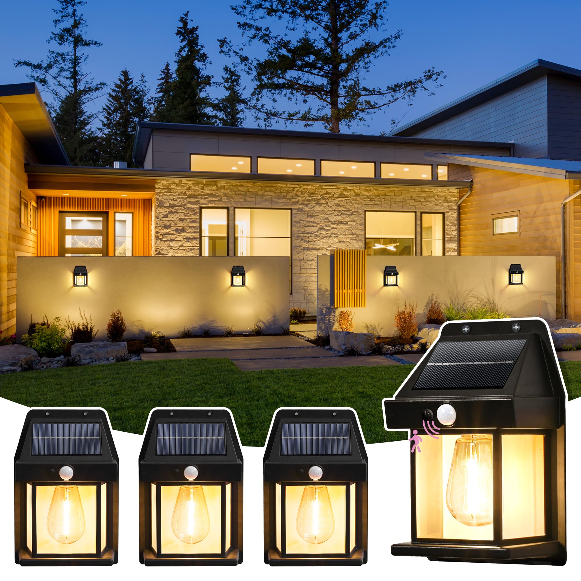 2 Pack Solar Wall Lights Outdoor, Motion Sensor with 3 Lighting Modes, Waterproof Solar Porch Lights for Patio, Garage, Shed, Door, Yard, Outside Decorative