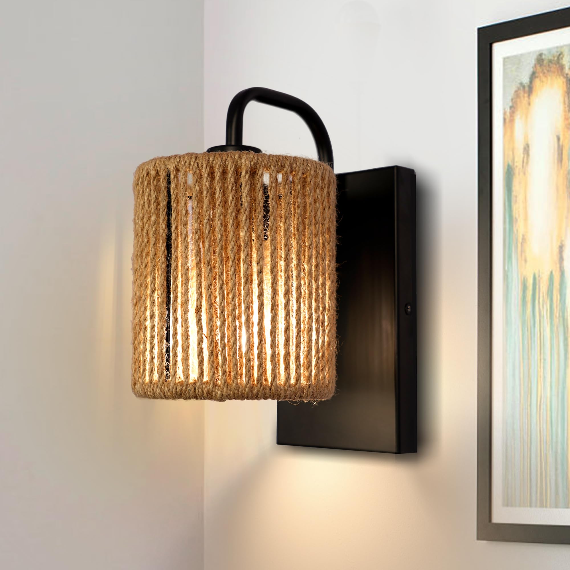 Rattan Wall Sconce, Boho Wall Light Fixtures with Hemp Rope Rustic Wall Lights for Living Room Bathroom Hallway Entryway Sconces Wall Lighting Bohemian Modern Wall Sconce Woven Wall Sconce E26 10In