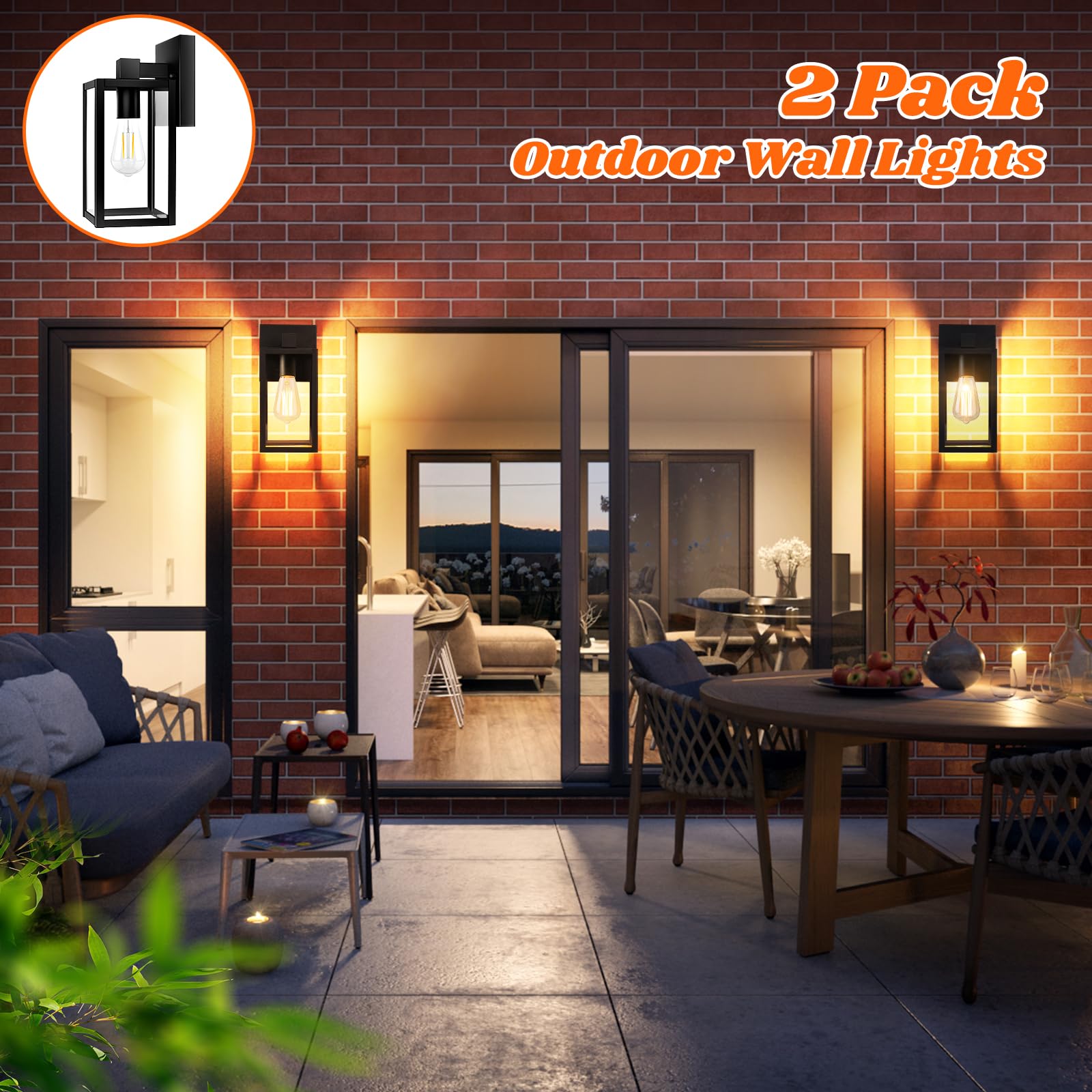 2-Pack Outdoor Light Fixtures Wall Mount, Waterproof Exterior Wall Lanterns with Clear Glass, Anti-Rust Outside Black Wall Sconces, Front Porch Lights for House Garage Doorway, Bulbs Not Included