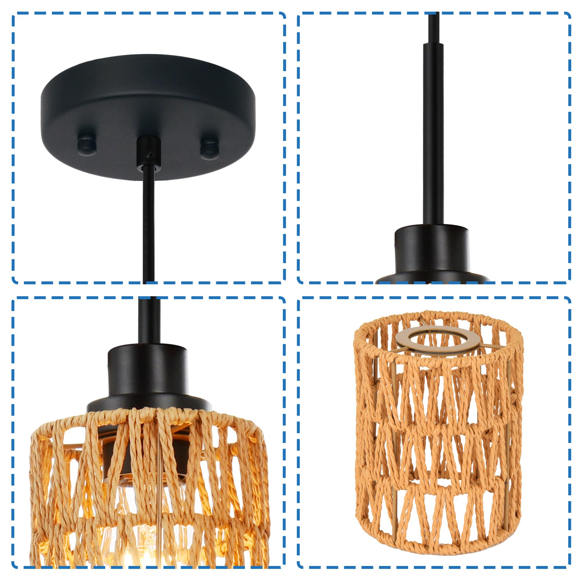 2 Pack Rattan Hanging Light Fixture Boho Pendant Light Black Adjustable Dining Table Light Fixture with Rattan Lamp Shade, Set of Two Mini Pendant Lighting for Kitchen Island Hallway Stair