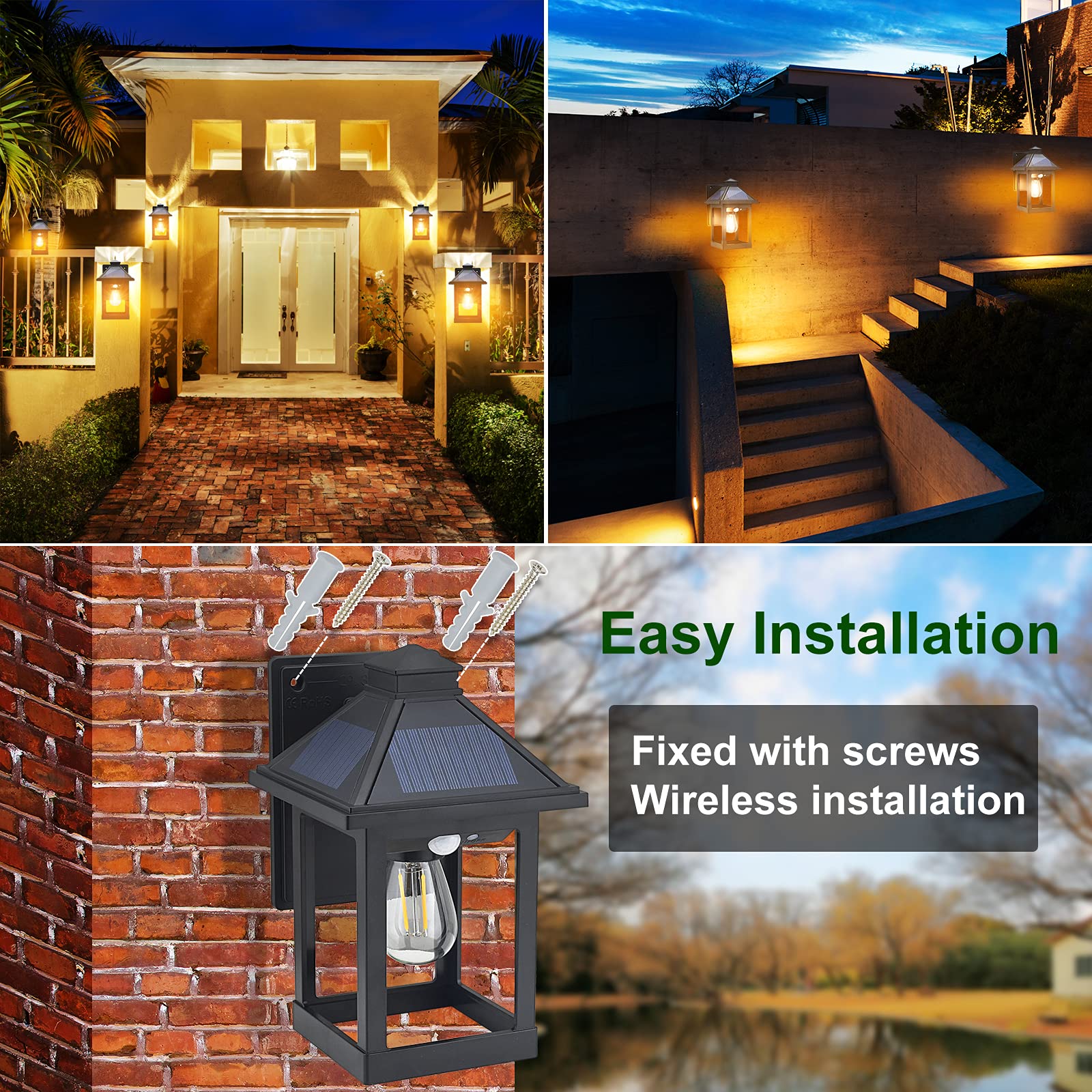 2 Pack Solar Wall Lanterns Outdoor with 3 Modes, Dusk to Dawn Motion Sensor LED Sconce Lights IP65 Waterproof, Exterior Front Porch Security Lamps Wall Mount Patio Fence Garage Decorative