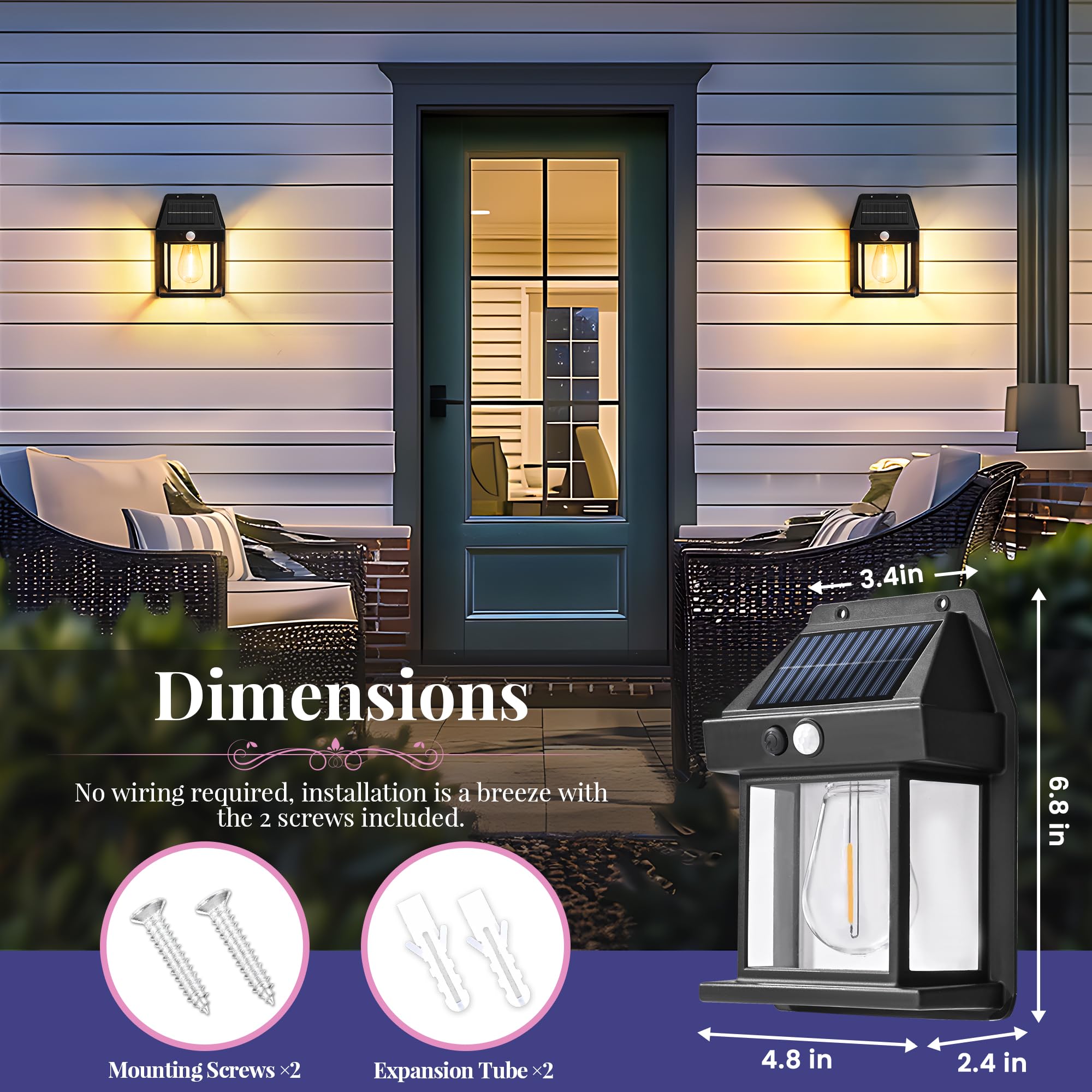 2 Pack Solar Wall Lights Outdoor, Motion Sensor with 3 Lighting Modes, Waterproof Solar Porch Lights for Patio, Garage, Shed, Door, Yard, Outside Decorative