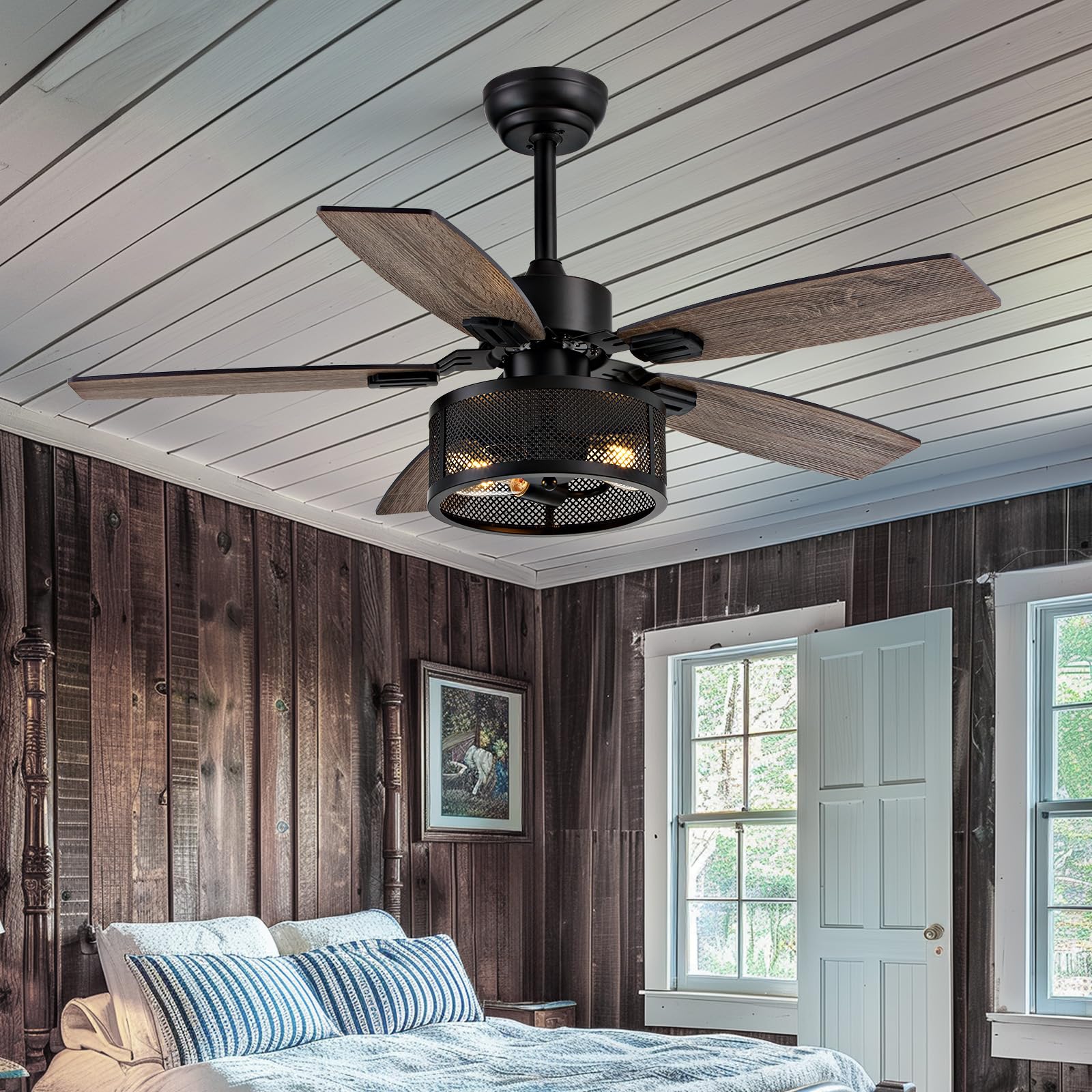 42 Inch Ceiling Fans with Lights and Remote/APP Control, Brown Ceiling Fan for Bedroom Living Room and Patio, Caged Ceiling Fan with 2 E26 LED Lights(Bulbs not Included), Indoor and Outdoor