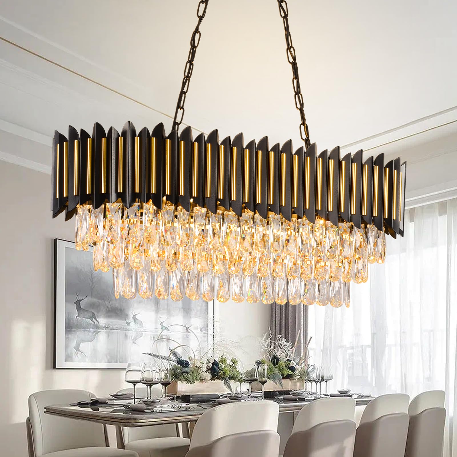 Modern Crystal Chandeliers 3 Tiers Black and Gold Chandelier Pendant Light Fixtures Round Flush Mount Chandeliers Ceiling Lighting for Living Room Dining Room Foyer Bedroom Entryway Kitchen W16in