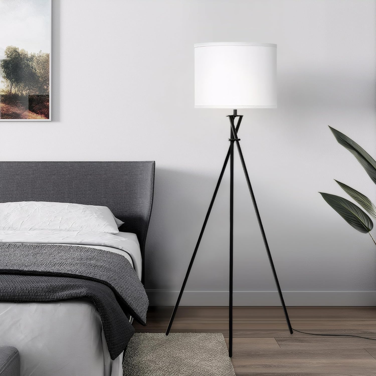 Tripod Floor Lamp, 61” Tall Modern Floor Lamps, Floor Lamp Mid Century, Black Tripod Lamp with White Lampshade, Floor Tripod Lamps for Living Room, Bedroom, Office, Bulb not Include