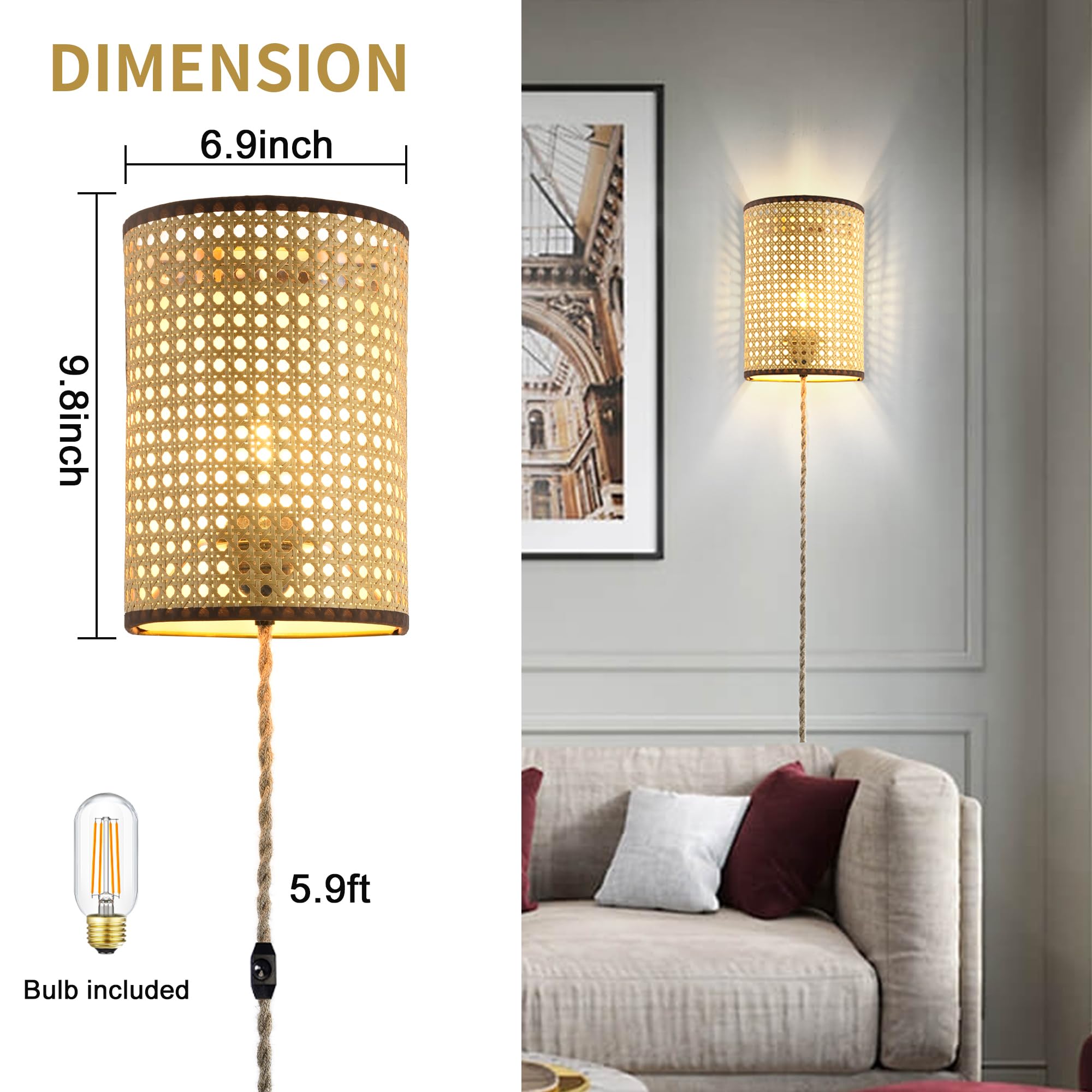 Wall Sconces Set of Two, Plug in Wall Sconces,Rattan Lampshade,Wall Lamp with Plug in Cord and Dimmable Switch,Wall Lights Fixtures for Bedroom Living Room Hallway.