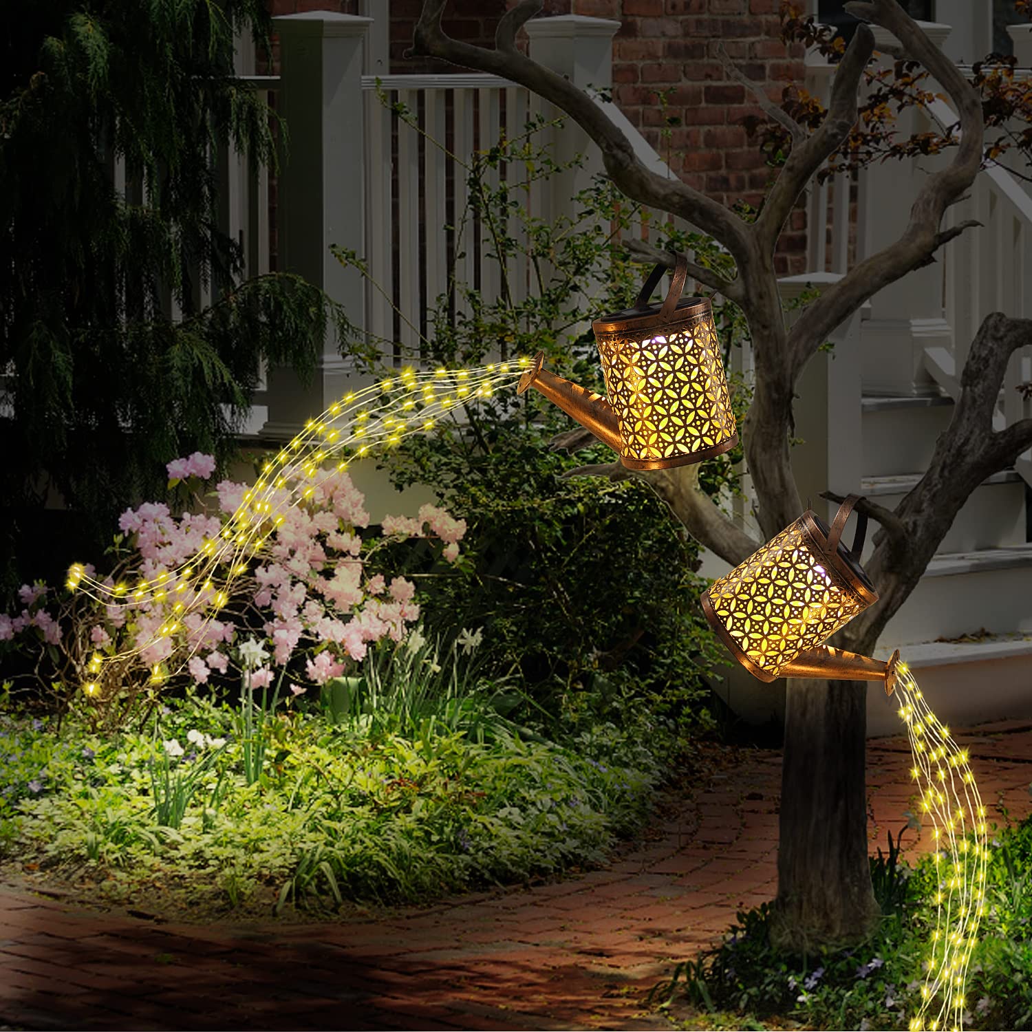 Solar Watering Can with Lights, Outdoor Solar Garden Lights,Garden Decor, Hanging Lantern Waterproof,Metal Solar Waterfall Lights for Yard Patio