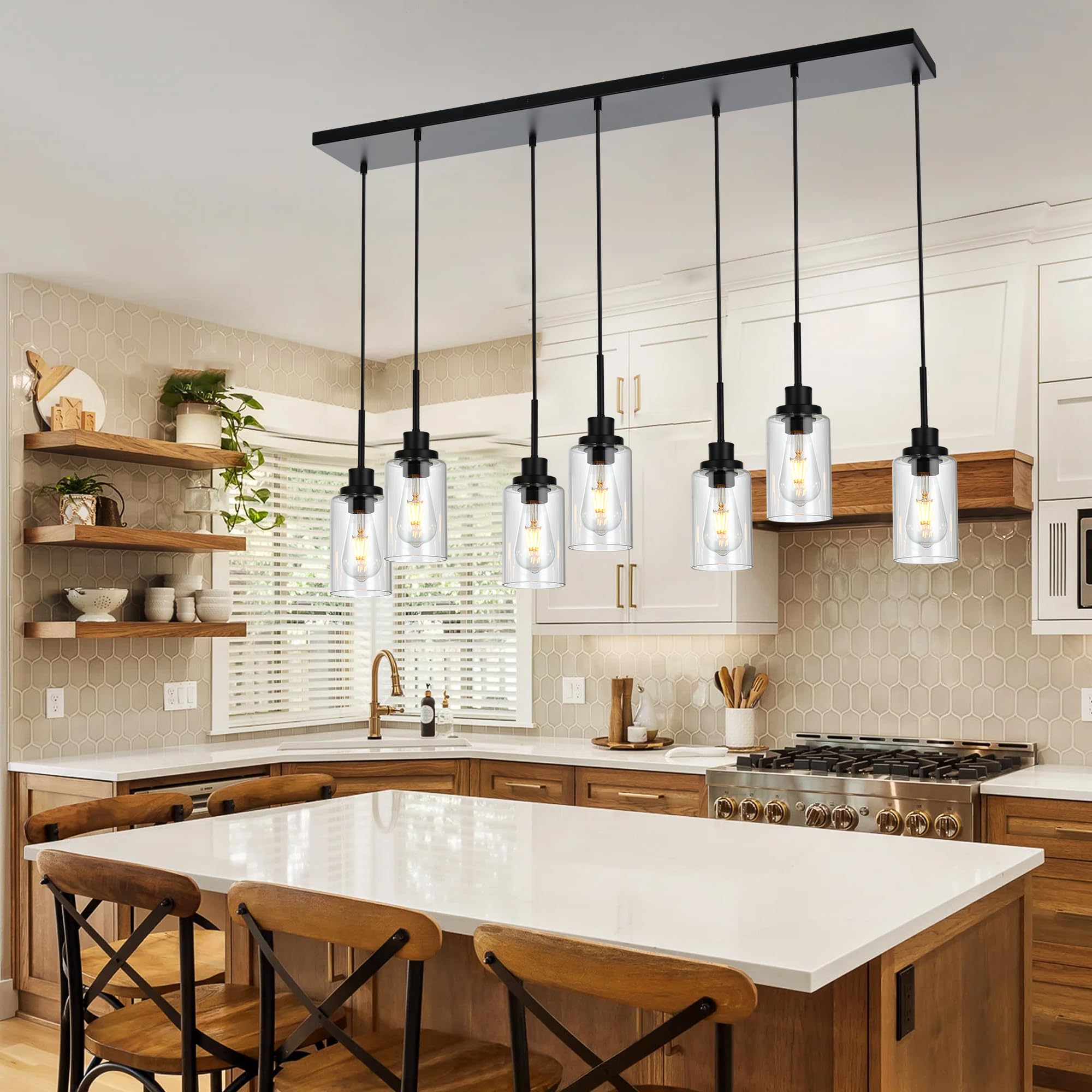 Black Pendant Lights for Kitchen Island, 5-Light Dining Room Light Fixtures Linear Chandeliers with Clear Glass Shade, DIY Hanging Lamp Ceiling for Dining Room Kitchen Bar