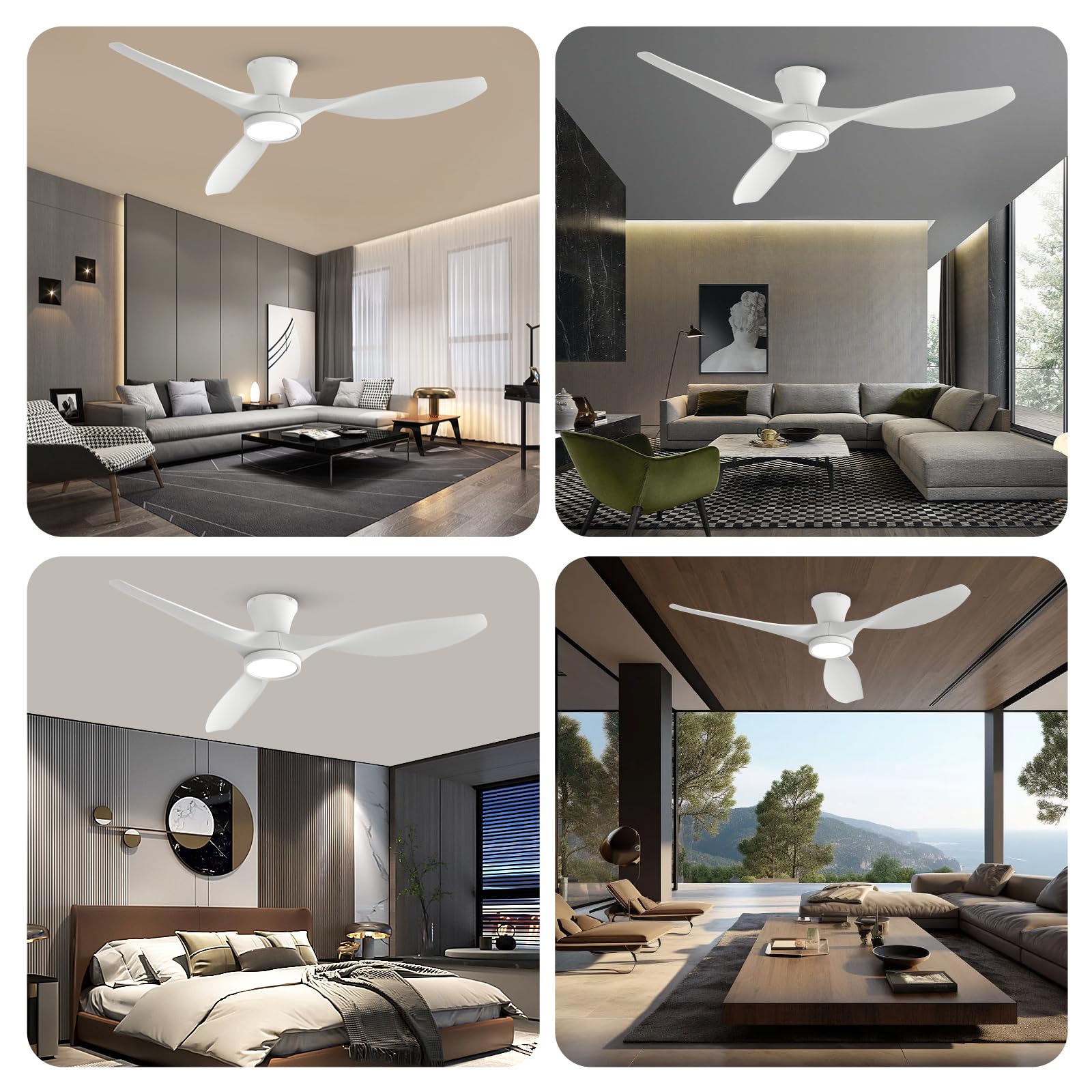 52 inch Ceiling Fans with Lights Remote Control, Modern Low Profile Ceiling Fan with Quiet Reversible DC Motor for Bedroom Living Room and Patio White