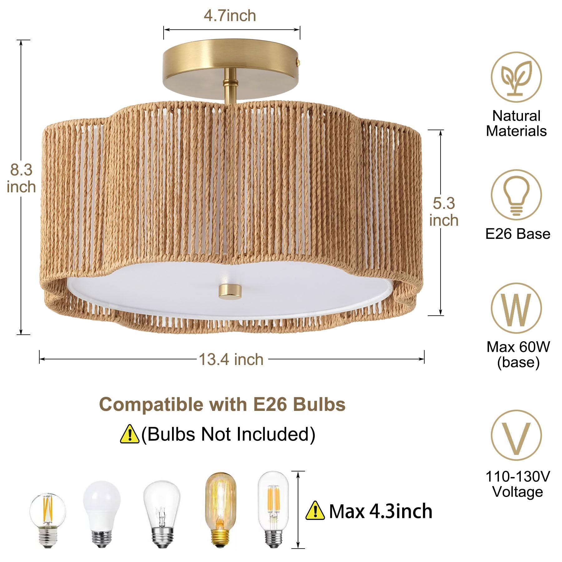 Rattan Ceiling Light Fixtures Flush Mount,3-Light Boho Light Fixtures Ceiling Mount for Bedroom,Close to Ceiling Light Modern Rattan Chandelier Lighting for Hallway Kitchen Dining Room(Yellow)