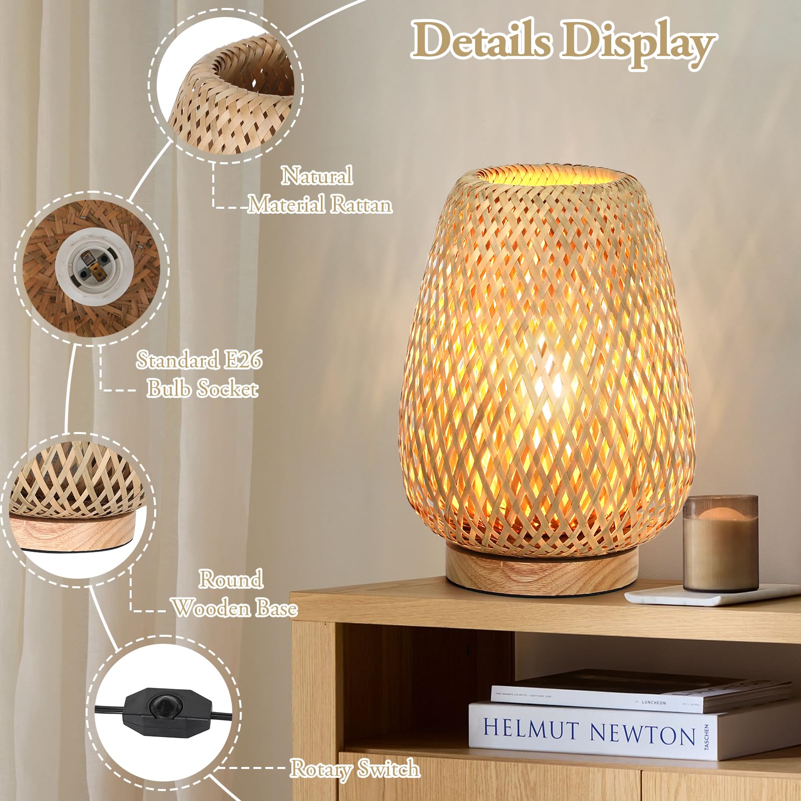 Rattan Table Lamp, Stepless Dimmable Small Beside Lamp, Vintage Wicker Wooden Nightstand Lamp, Boho Bamboo Woven End Table Lamp for Bedroom Living Room Desk Kids Room, 2700K T45 LED Bulb Included