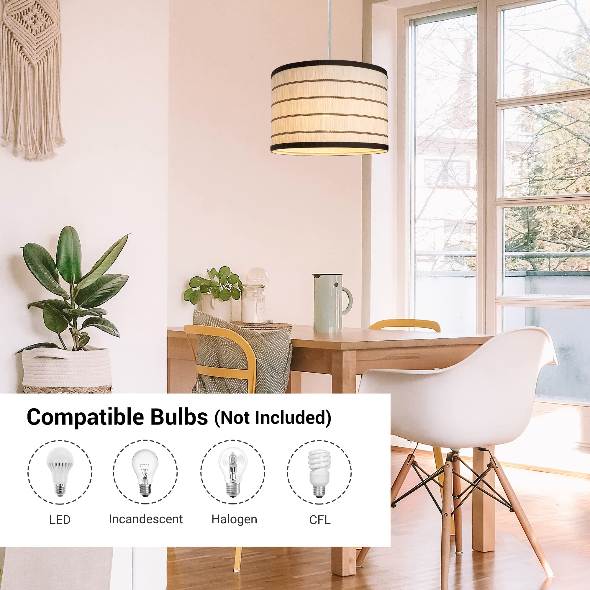 Plug in Pendant Light, Hanging Light with 15Ft Clear Cord, On/Off Switch, Beige Linen Shade, Hanging Light Fixture for Bedroom, Kitchen, Living Room, Dining Table