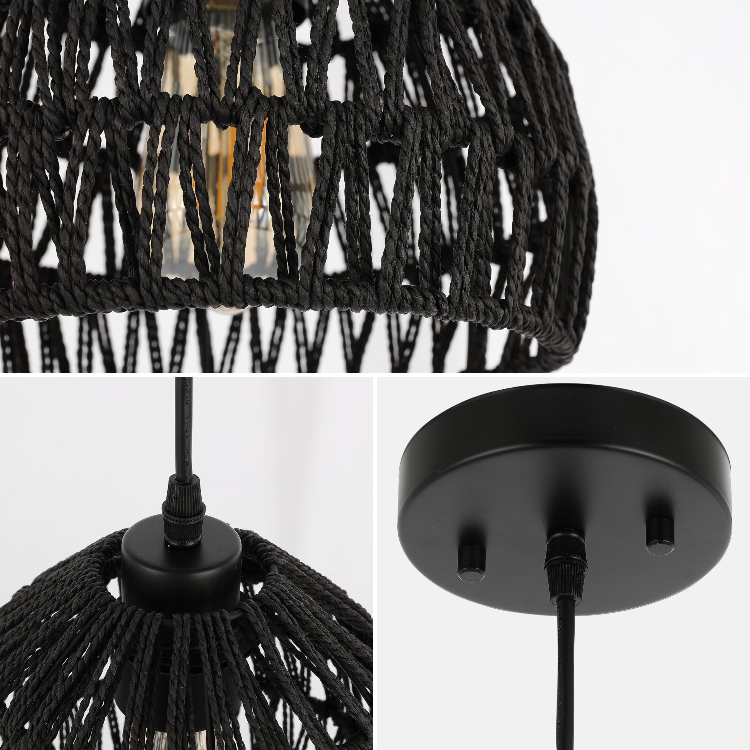 20" 1-Light Bohemian Modern Woven Rattan/Iron LED Pendant Farmhouse Coastal Adjustable Dining Room Living Room Kitchen Island Foyer Bedroom Hallway, Black