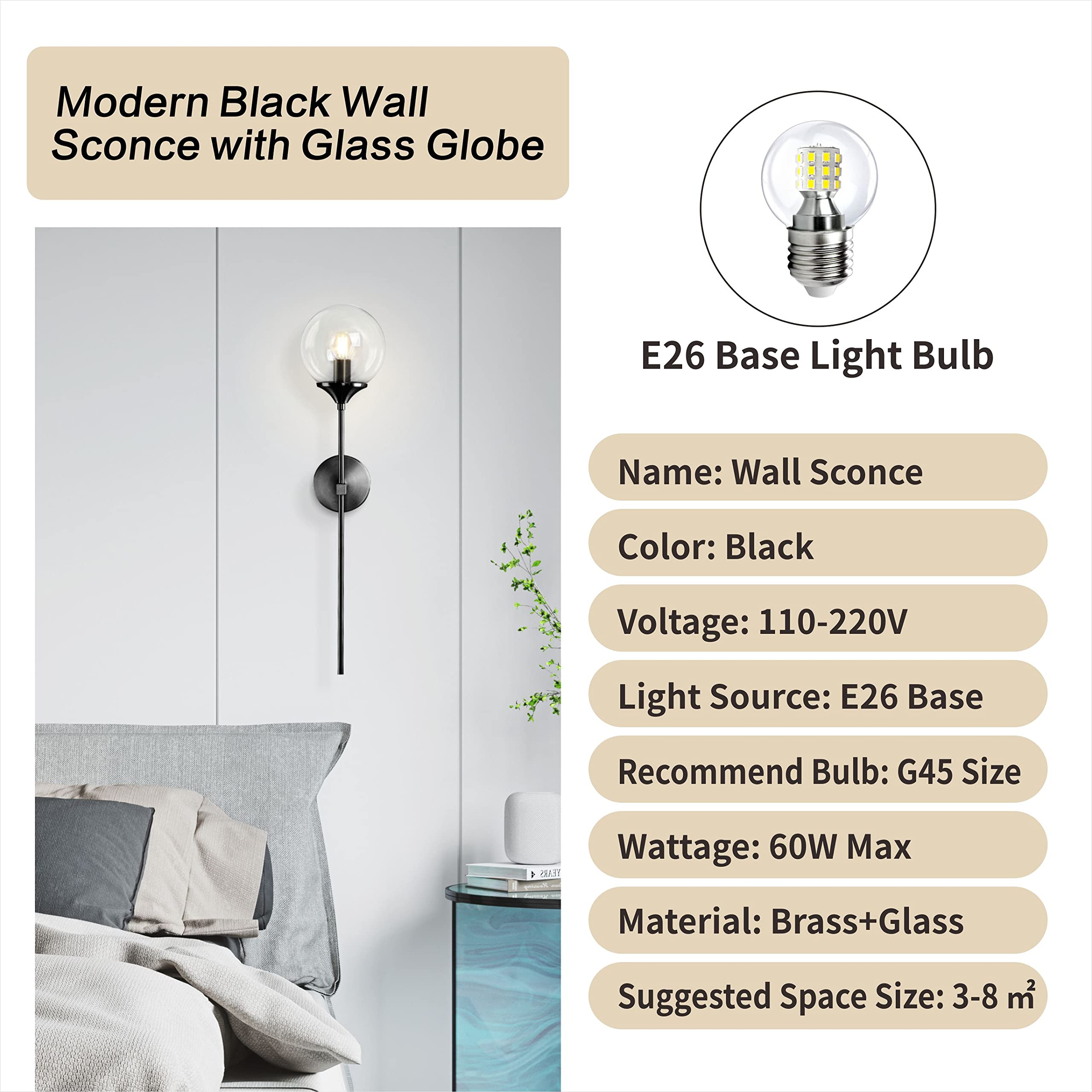 Lighting Modern Smoke Grey Glass Globe Black Matte Slim Wall Sconce Light with Long Arm Vintage Industrial Wall Sconce for Hallway, Stairs, Bathroom Mirror