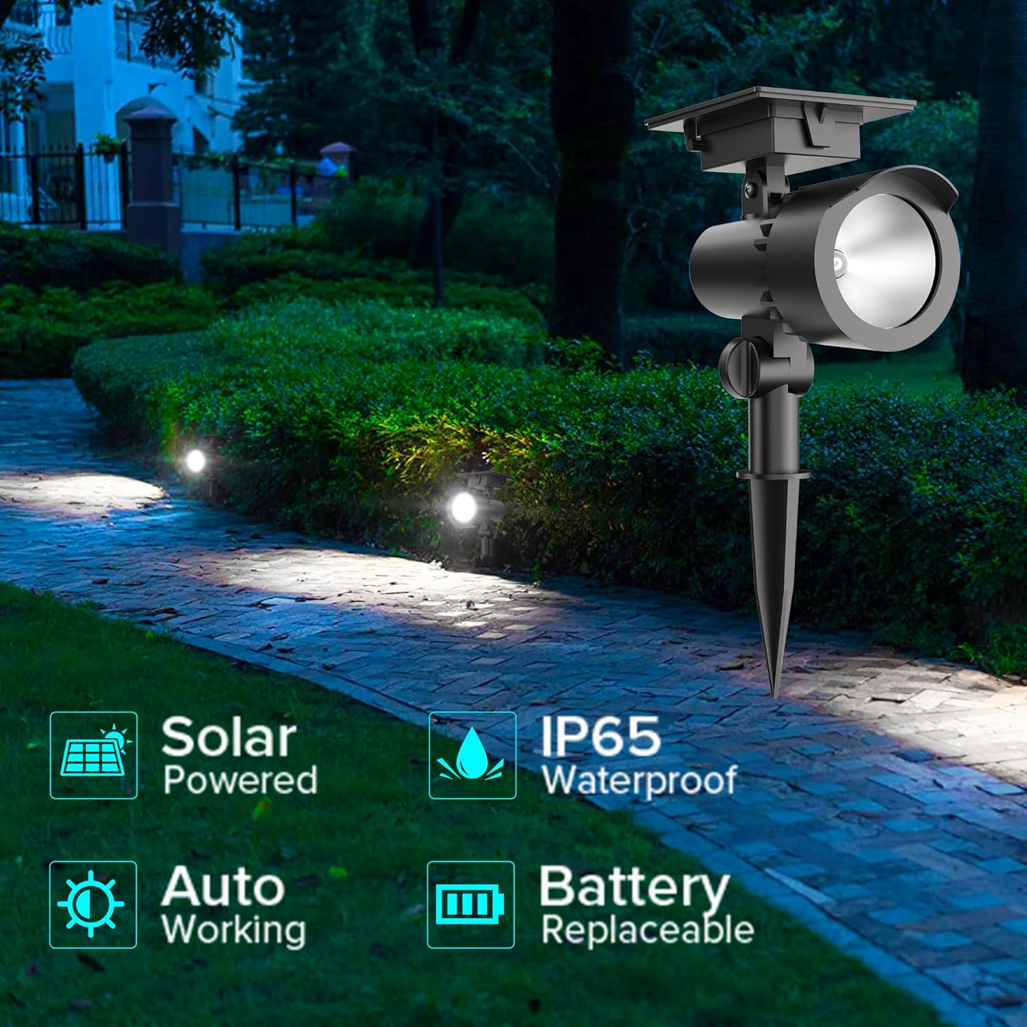 Outdoor Solar Lights for Yard, 1000mAh Landscape Lighting Solar Spotlights Outdoor, Waterproof IP65 Solar Spot Lights Outdoor, Auto On/Off for Yard, Wall, Garden, Pool, Tree, Pathway 6500K 2 Pack